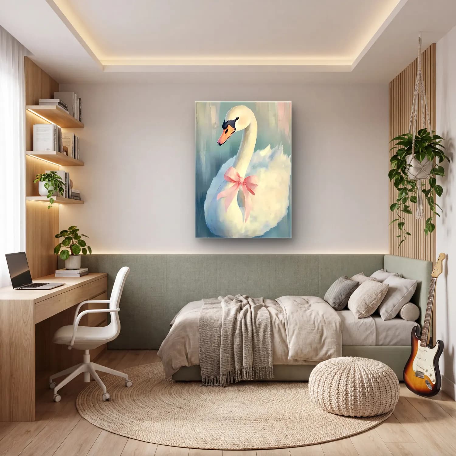 Pastel Kuğu No. 5 cam tablo — genç odasında