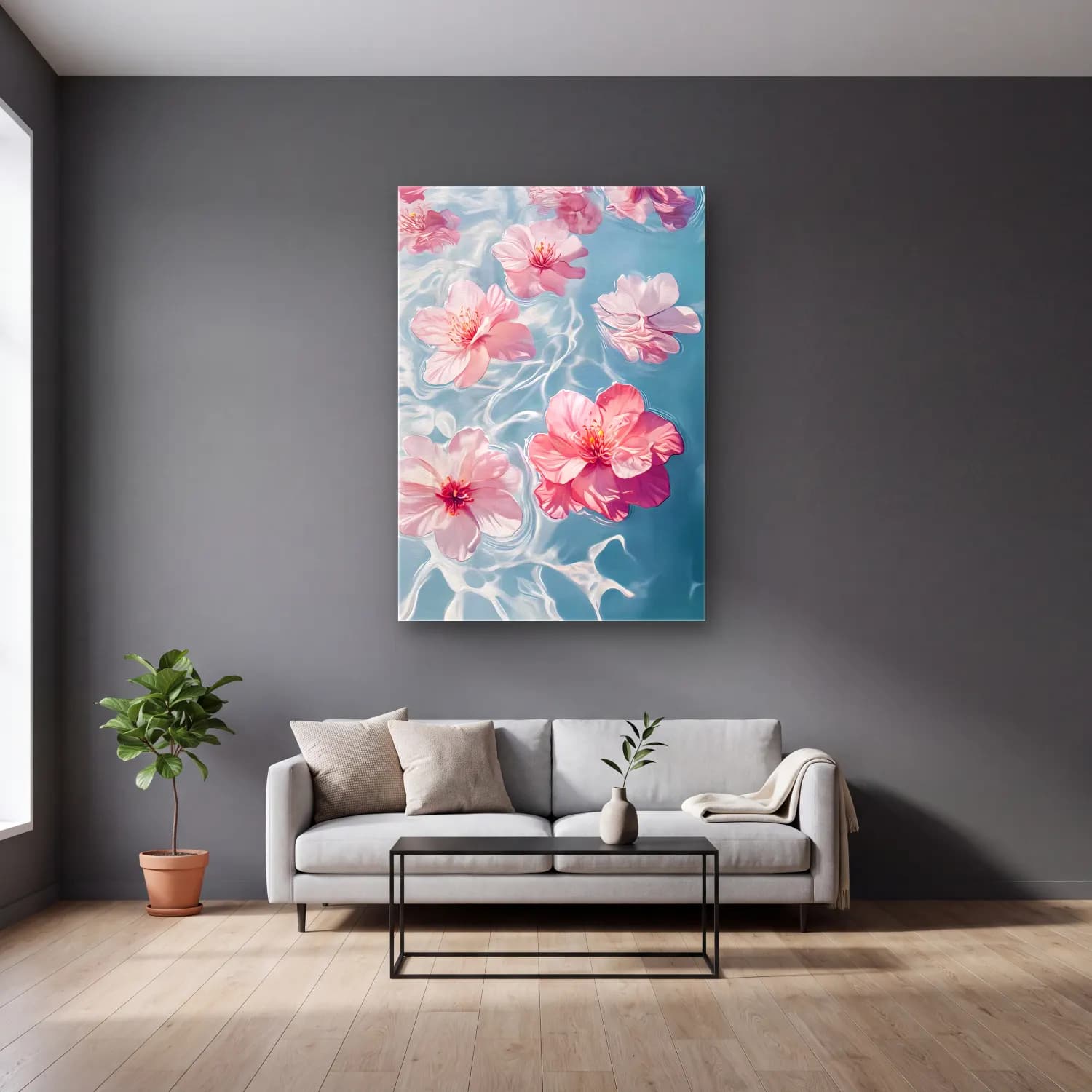 Pastel Lotus Çiçekleri No. 6 cam tablo — gri duvarlı salonda