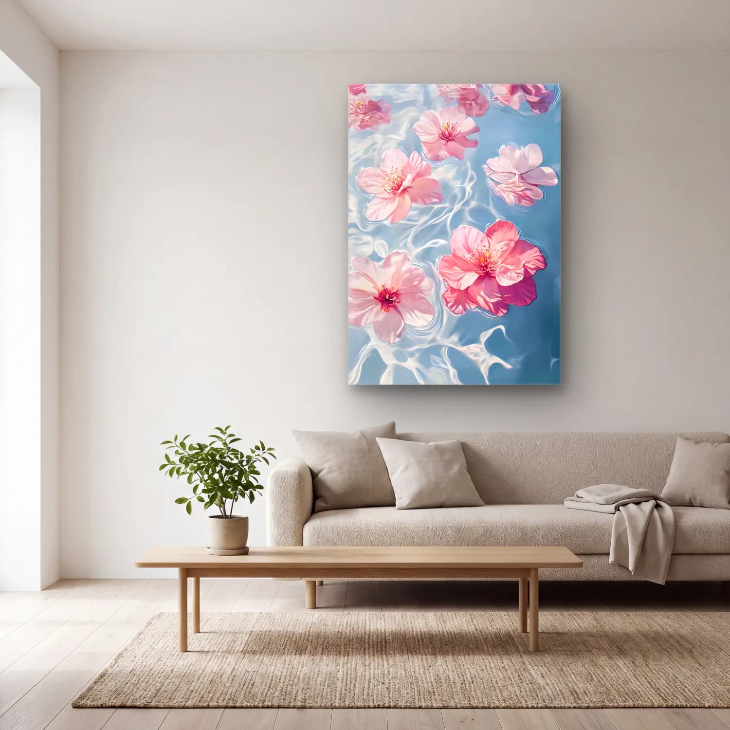 Pastel Lotus Çiçekleri No. 6 cam tablo — açık renk salonda