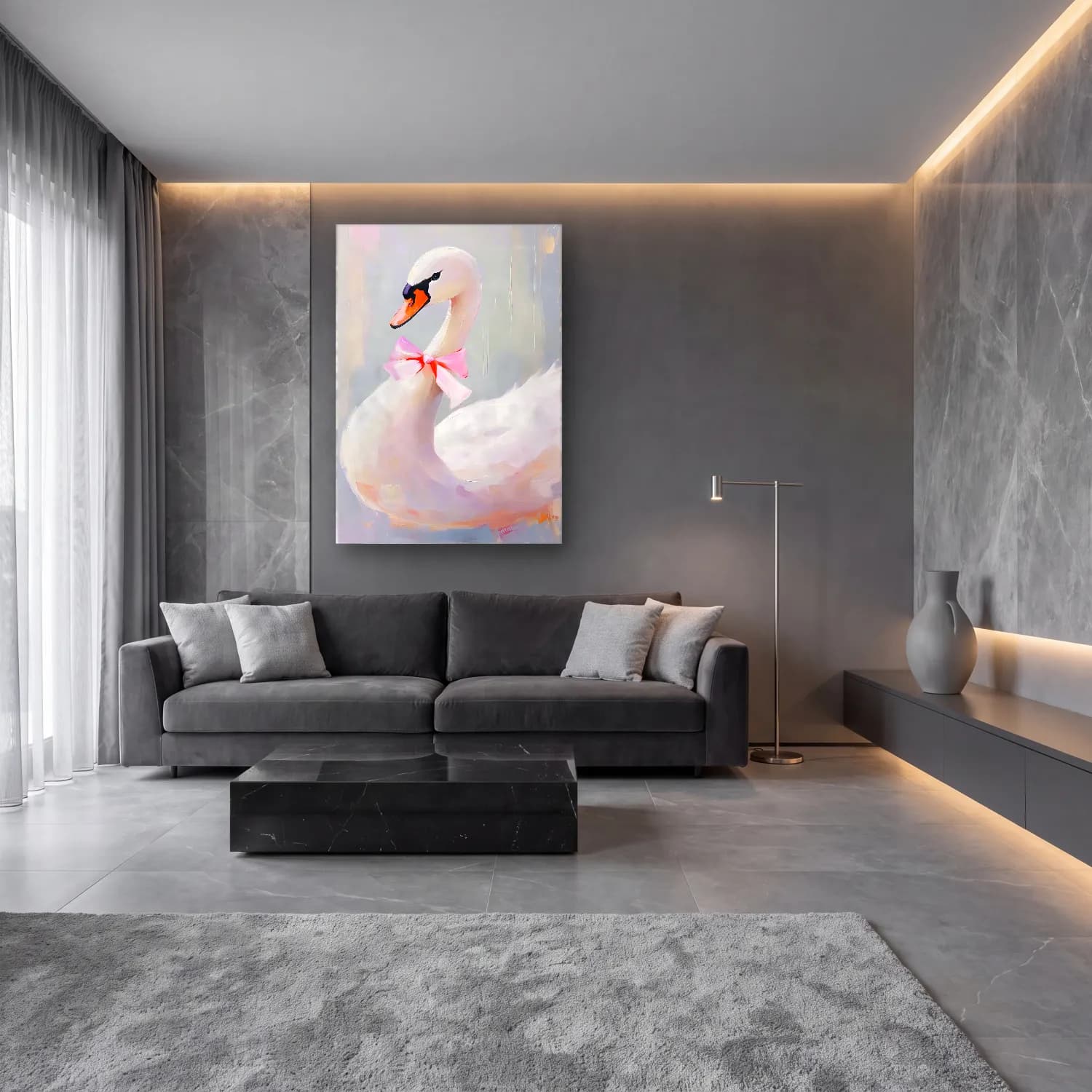 Pastel Kuğu No. 6 cam tablo — lüks salon duvarında