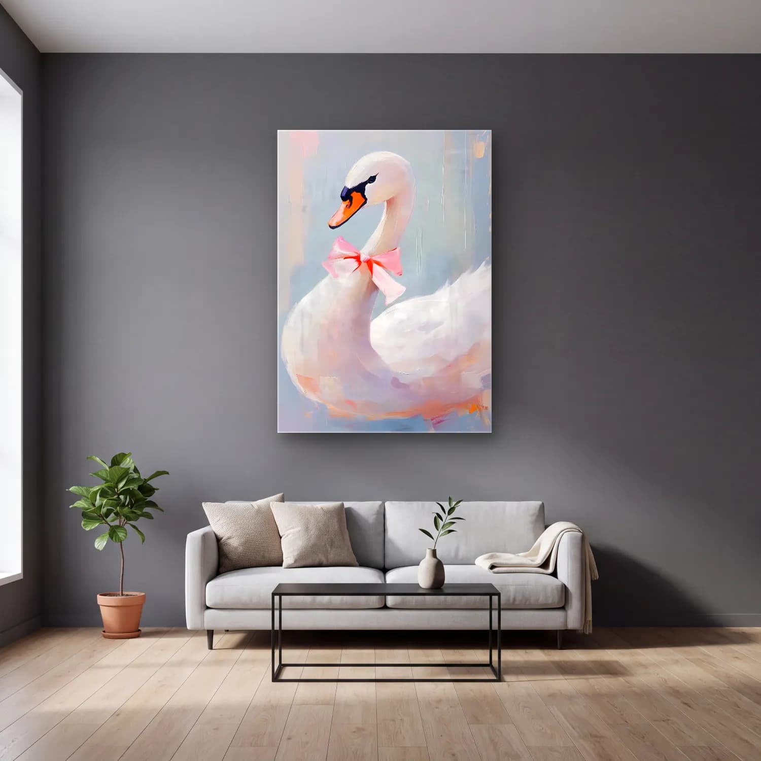 Pastel Kuğu No. 6 cam tablo — gri duvarlı salonda