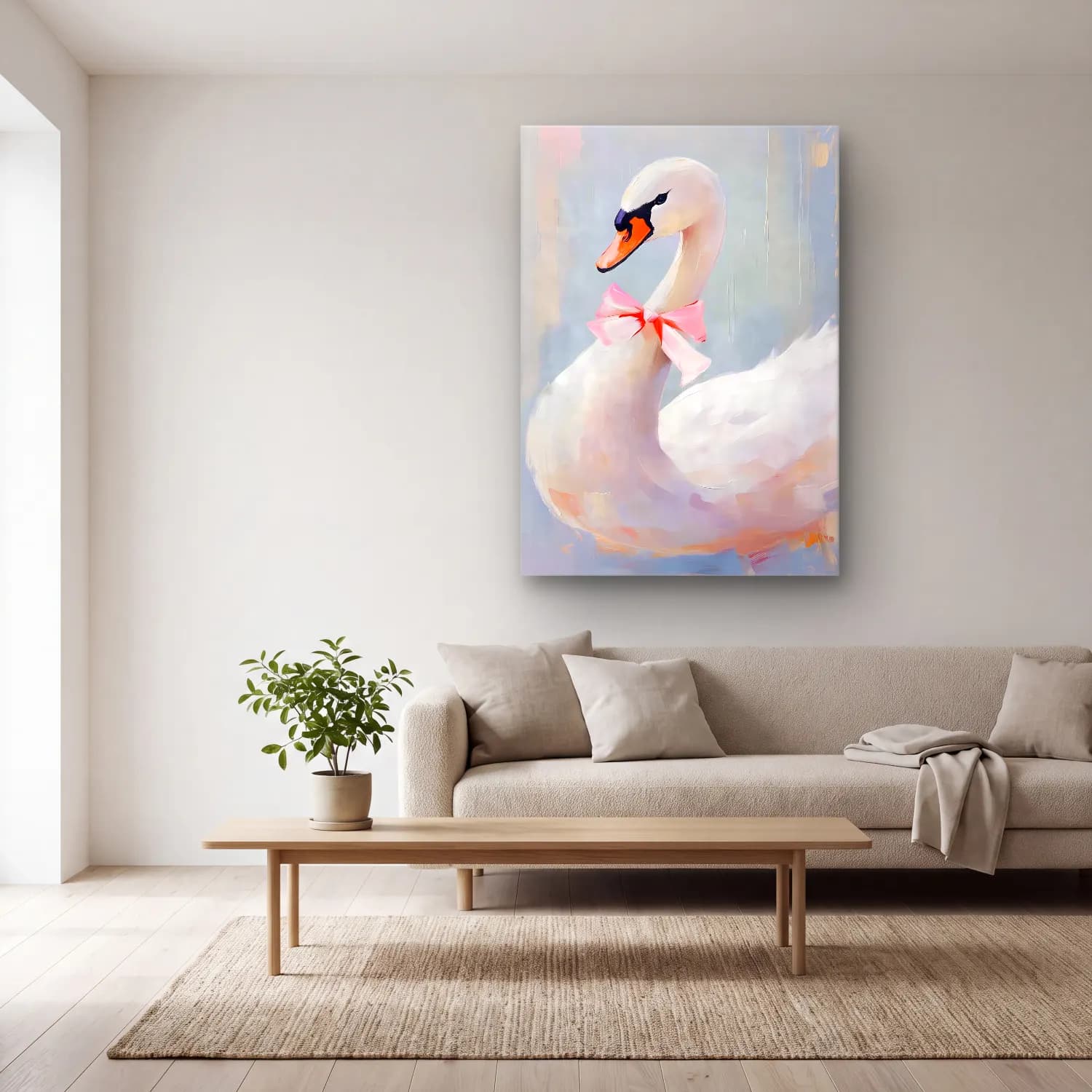 Pastel Kuğu No. 6 cam tablo — açık renk salonda
