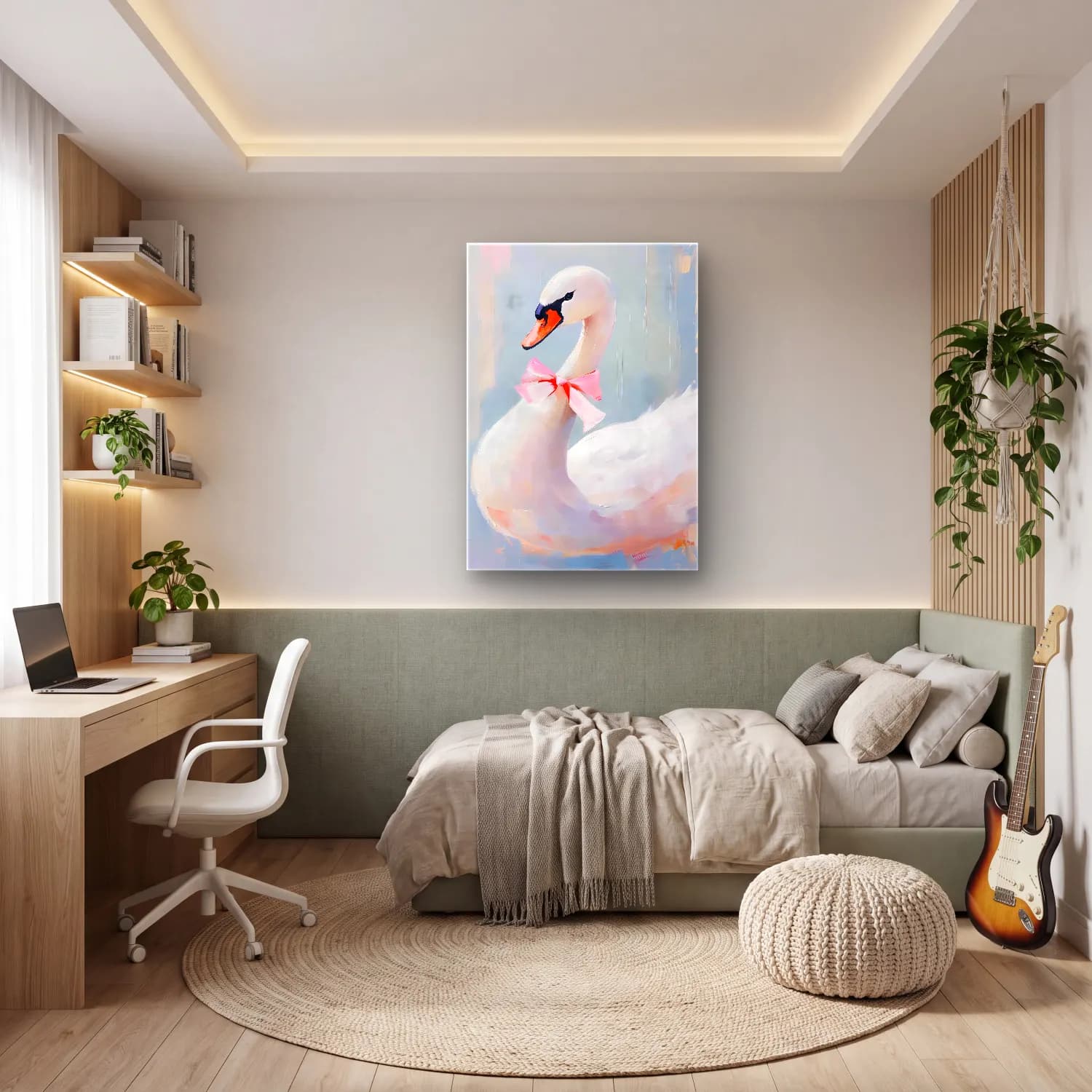 Pastel Kuğu No. 6 cam tablo — genç odasında