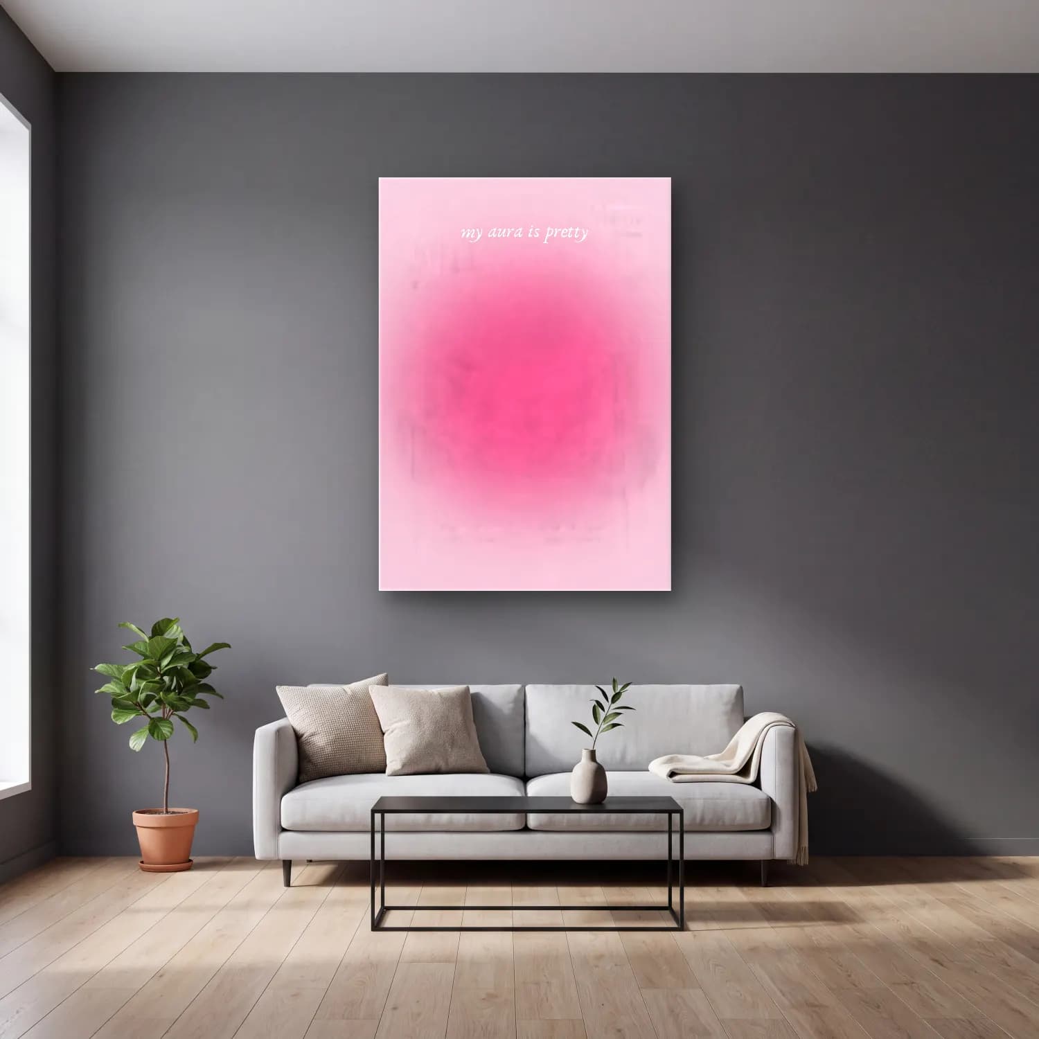Pastel Renk Alanları No. 53 cam tablo — gri duvarlı salonda