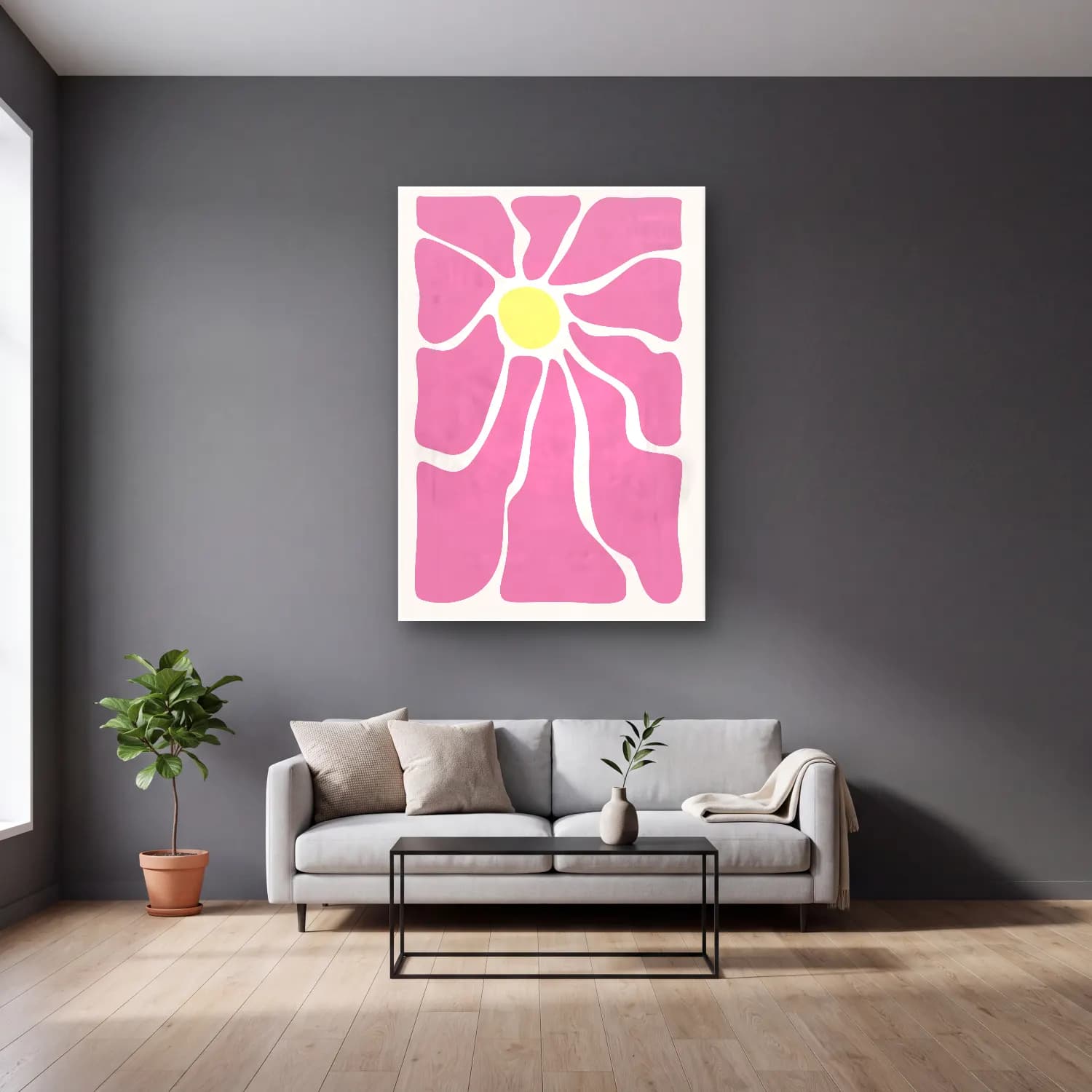Pastel Çiçek Deseni No. 201 cam tablo — gri duvarlı salonda