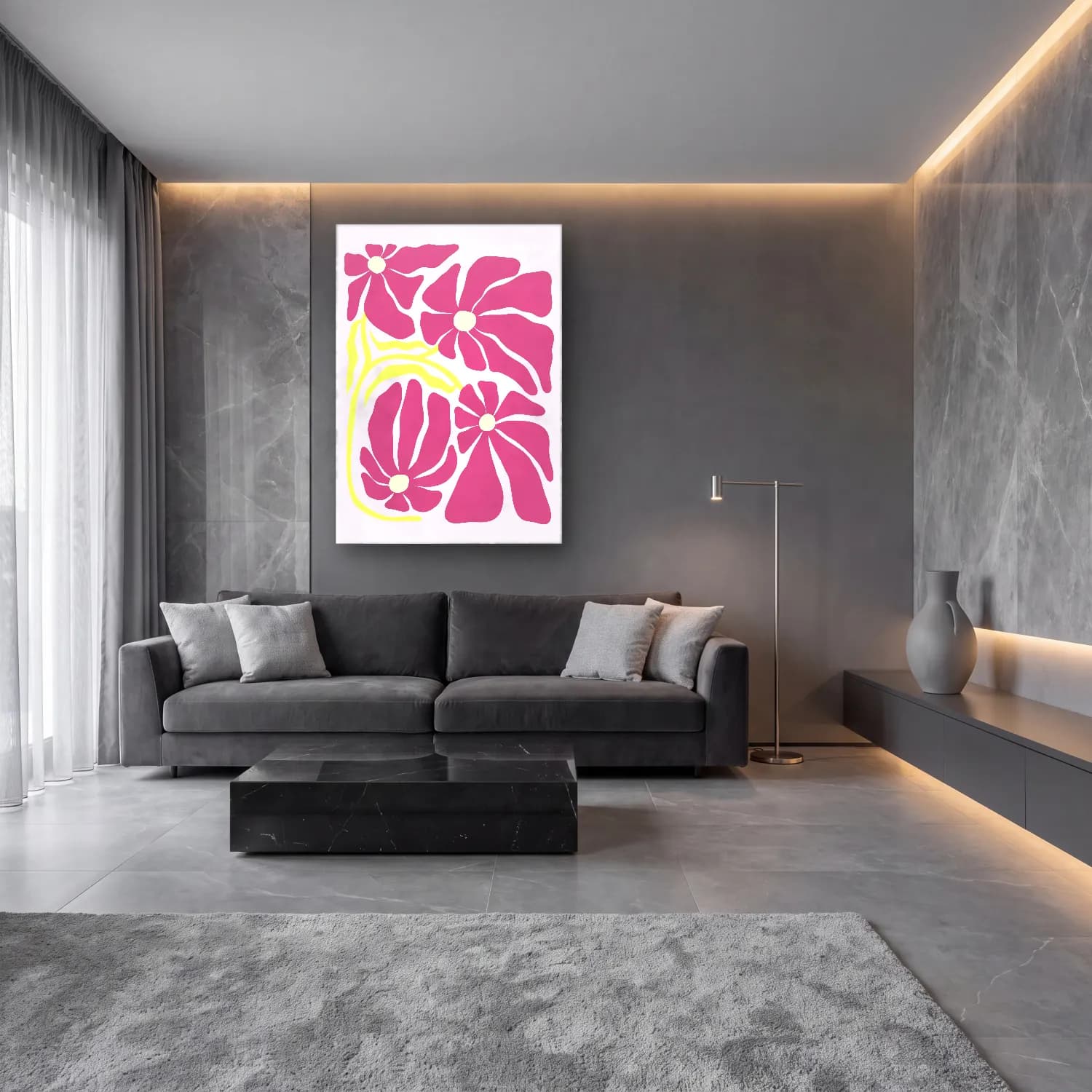 Boho Çiçek Deseni No. 89 cam tablo — lüks salon duvarında