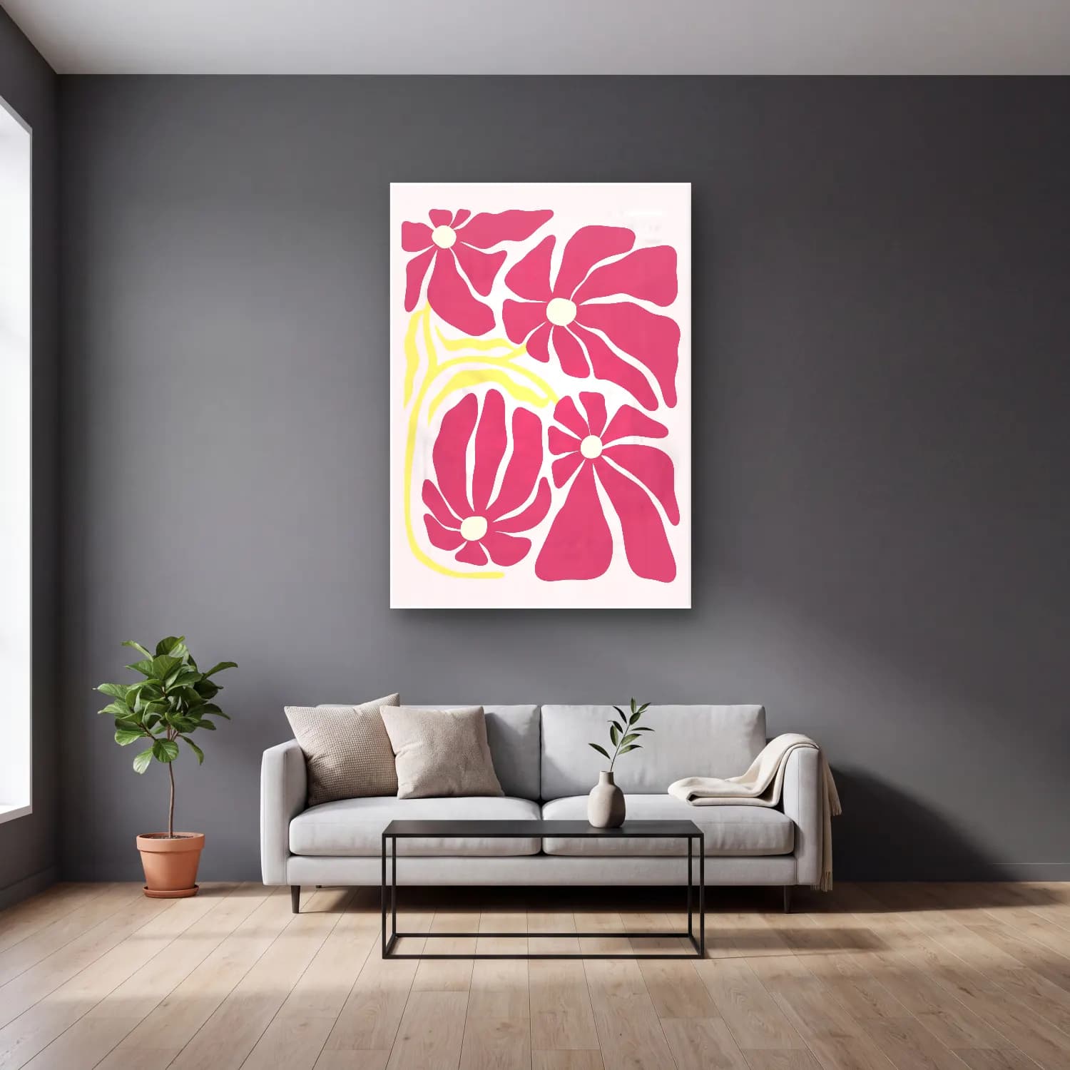 Boho Çiçek Deseni No. 89 cam tablo — gri duvarlı salonda