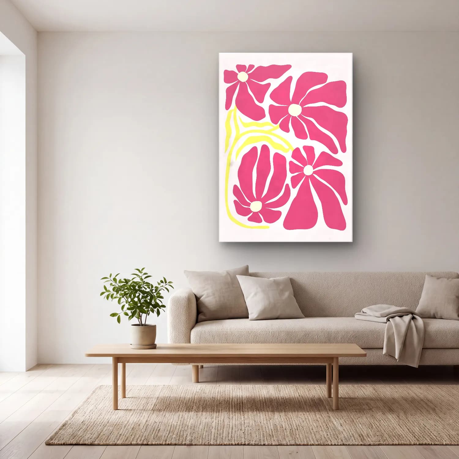 Boho Çiçek Deseni No. 89 cam tablo — açık renk salonda