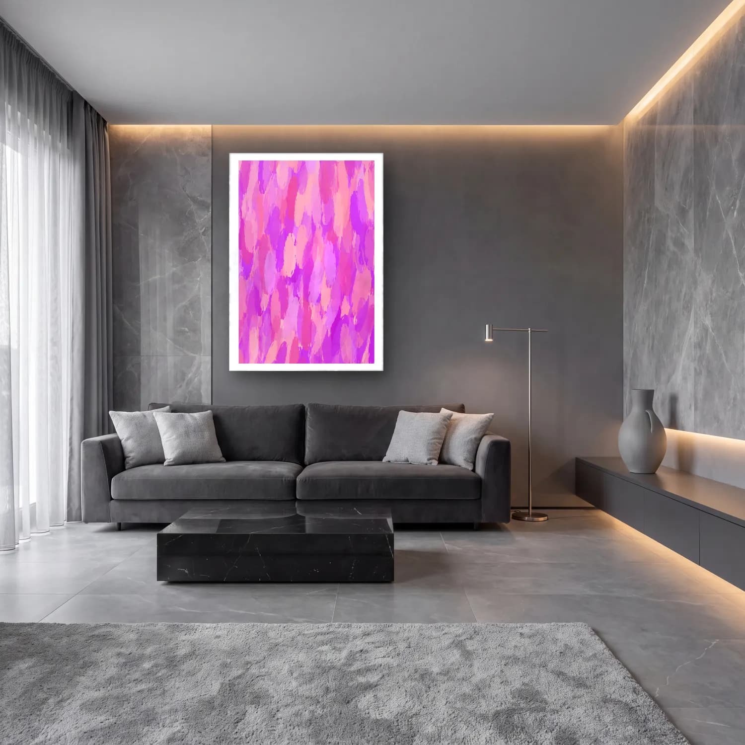 MAXIMALIST ECLECTIC – Soyut Fırça Darbeleri – Pembe Tonlar cam tablo — lüks salon duvarında