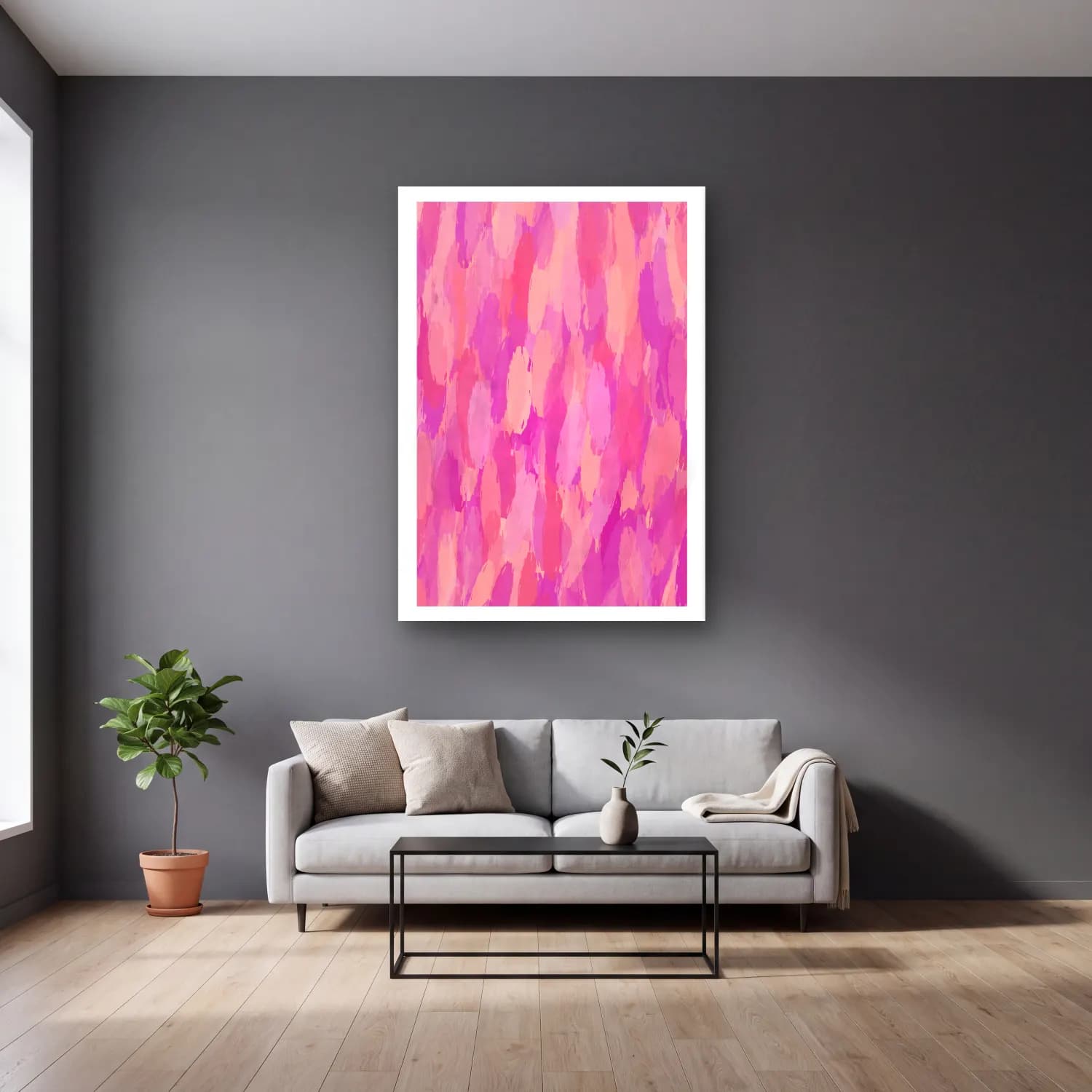 MAXIMALIST ECLECTIC – Soyut Fırça Darbeleri – Pembe Tonlar cam tablo — gri duvarlı salonda