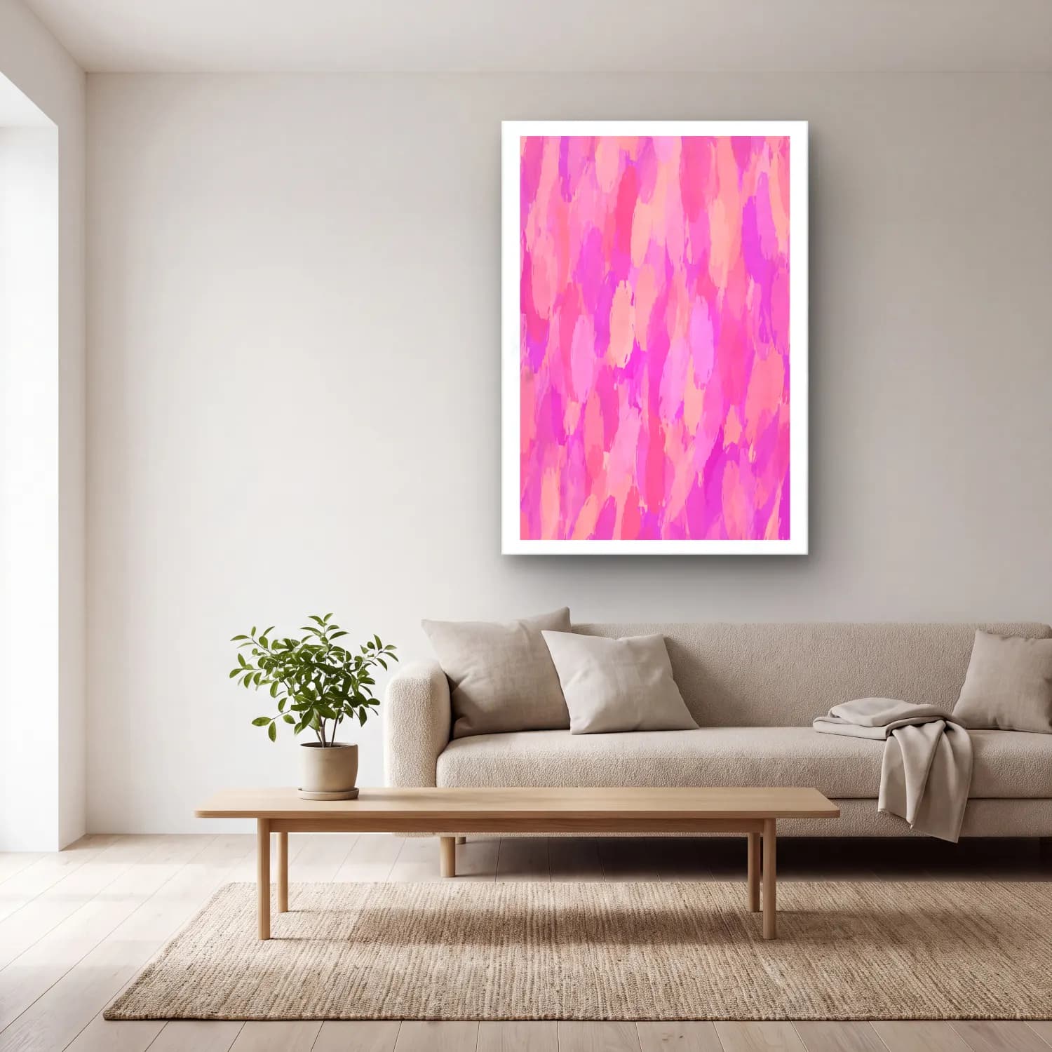 MAXIMALIST ECLECTIC – Soyut Fırça Darbeleri – Pembe Tonlar cam tablo — açık renk salonda