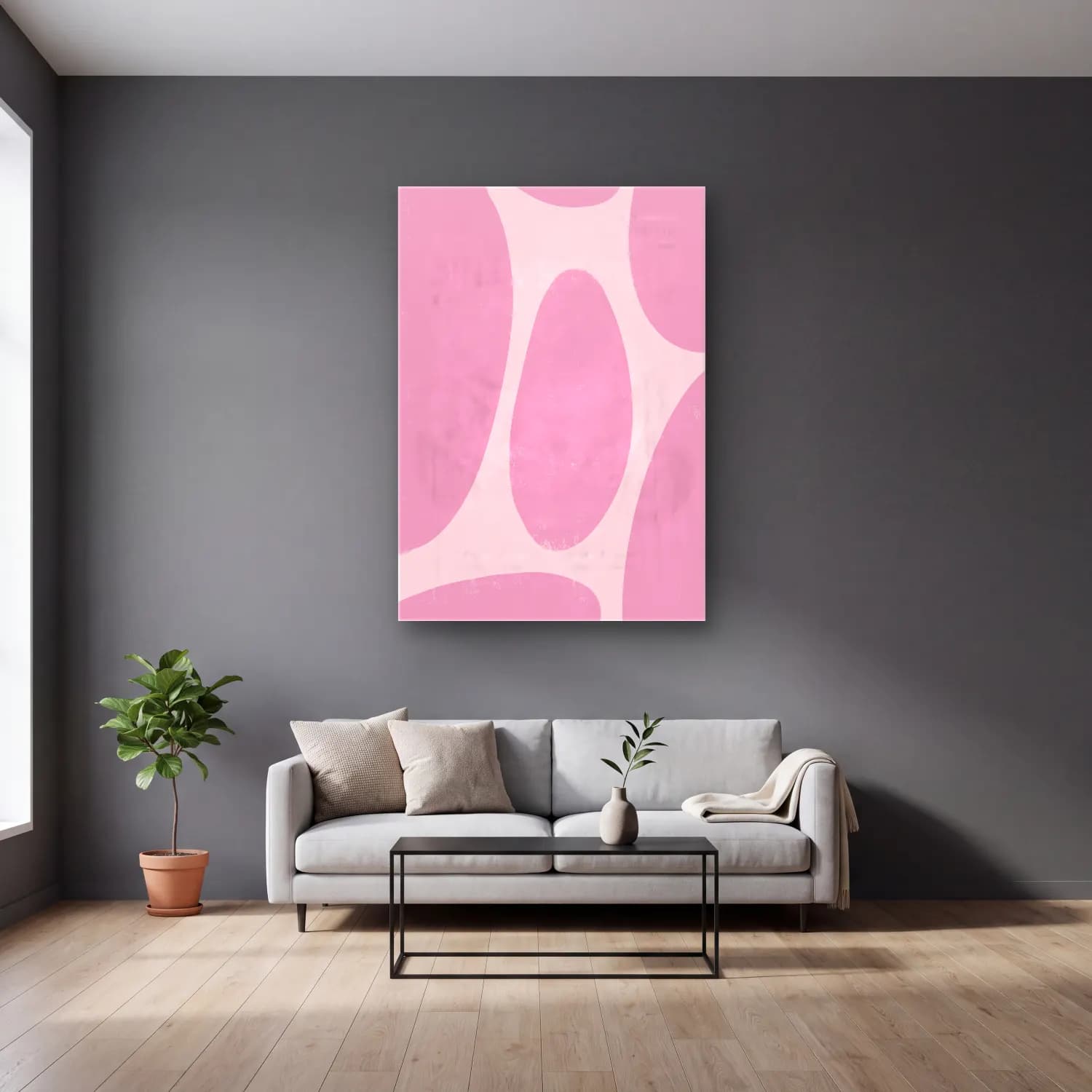 Pastel Soyut Formlar No. 8 cam tablo — gri duvarlı salonda