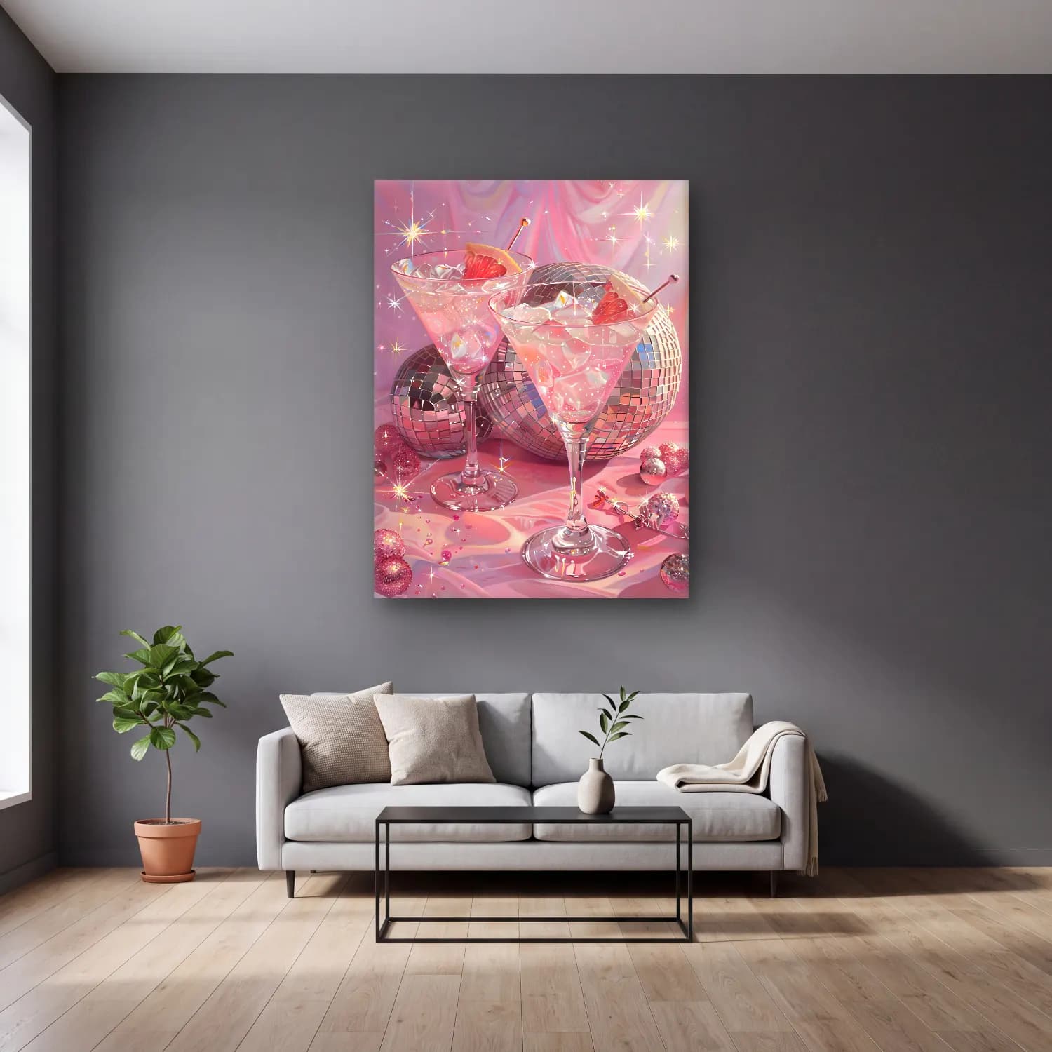 Pastel Kokteyl No. 23 cam tablo — gri duvarlı salonda