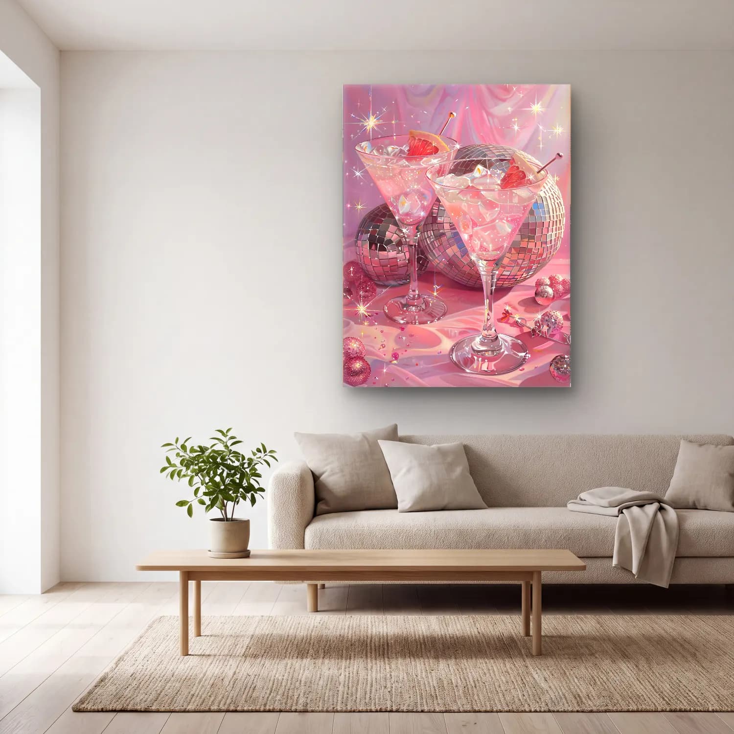 Pastel Kokteyl No. 23 cam tablo — açık renk salonda