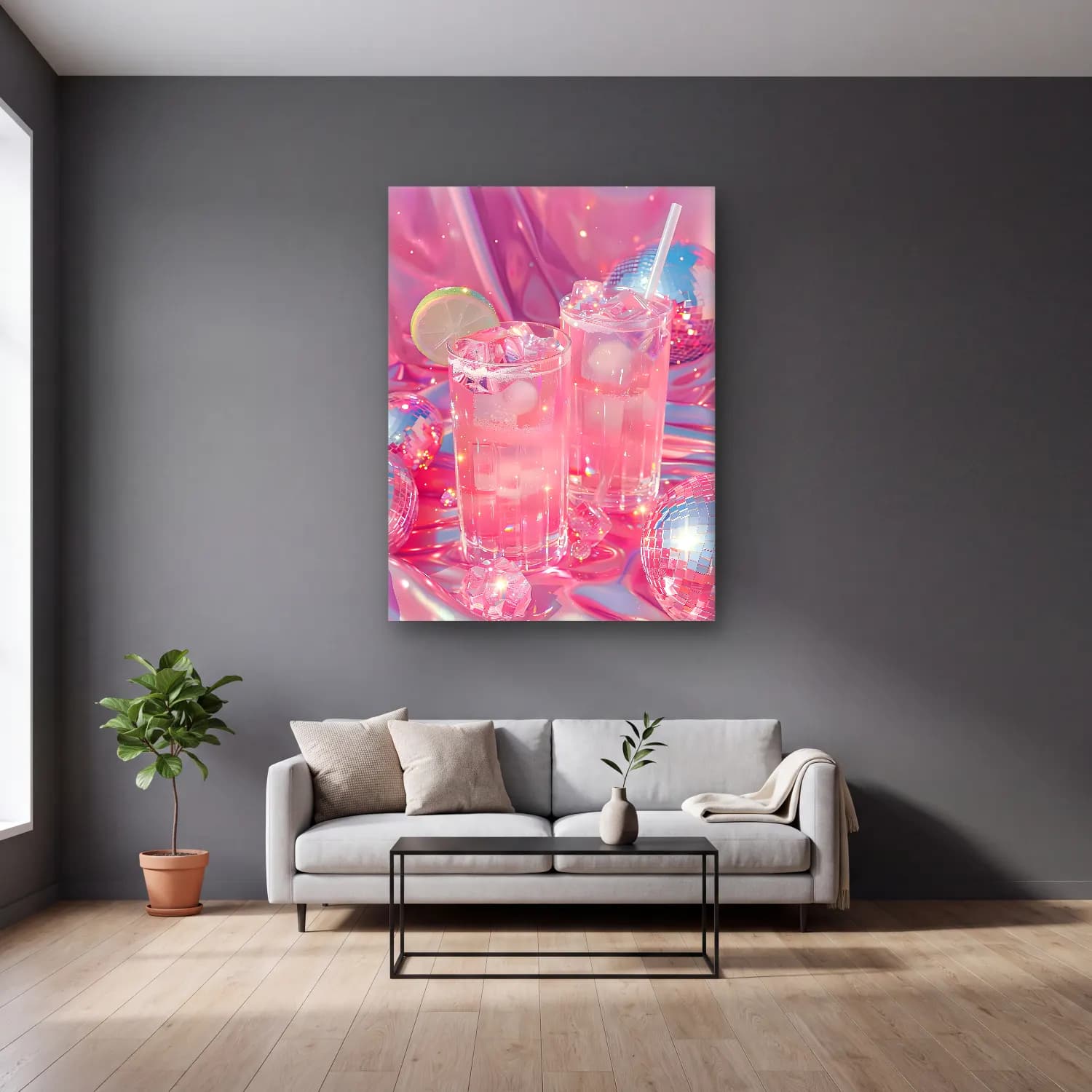 Pastel Kokteyl No. 24 cam tablo — gri duvarlı salonda