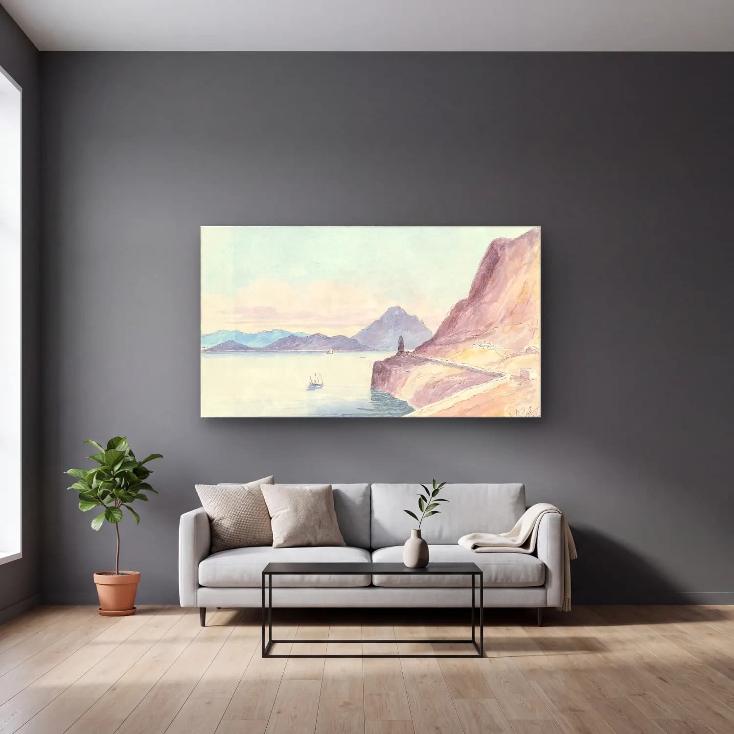 Charles Hamilton Smith – Straits of Gibraltar From the Back of the Rock cam tablo — gri duvarlı salonda