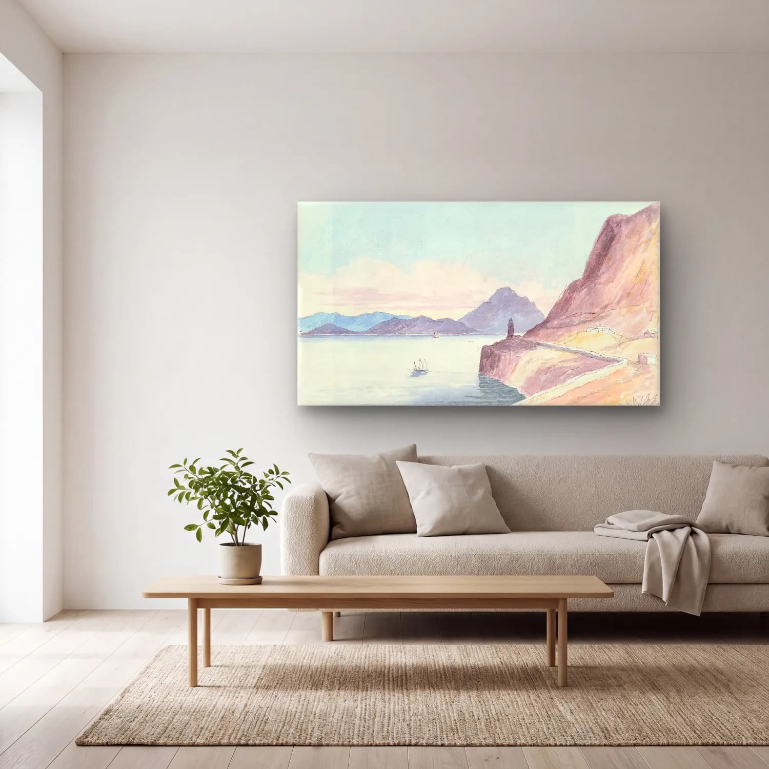Charles Hamilton Smith – Straits of Gibraltar From the Back of the Rock cam tablo — açık renk salonda