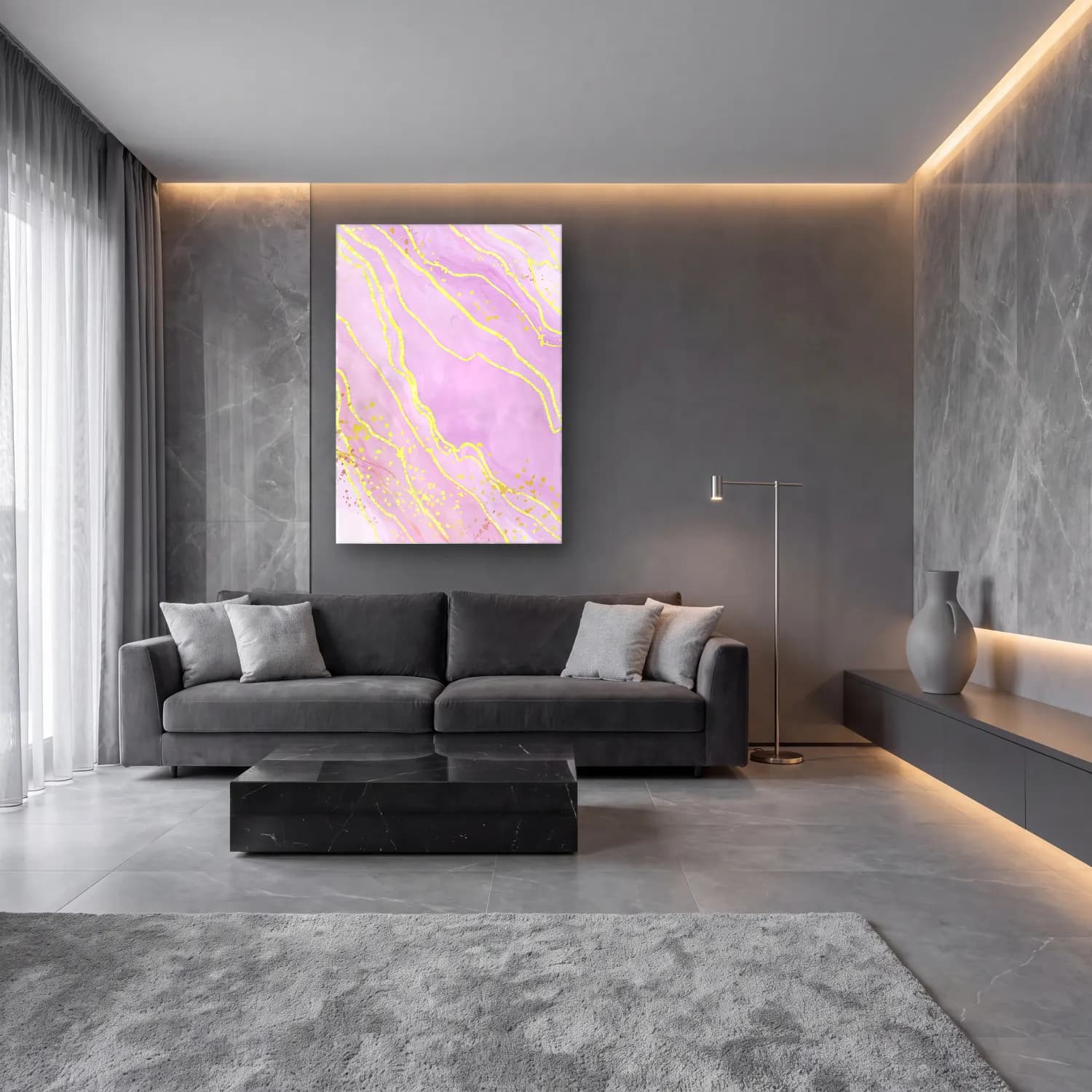 Pastel Mermer Doku No. 23 cam tablo — lüks salon duvarında