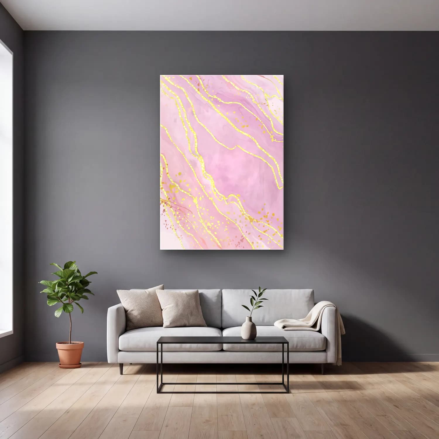 Pastel Mermer Doku No. 23 cam tablo — gri duvarlı salonda