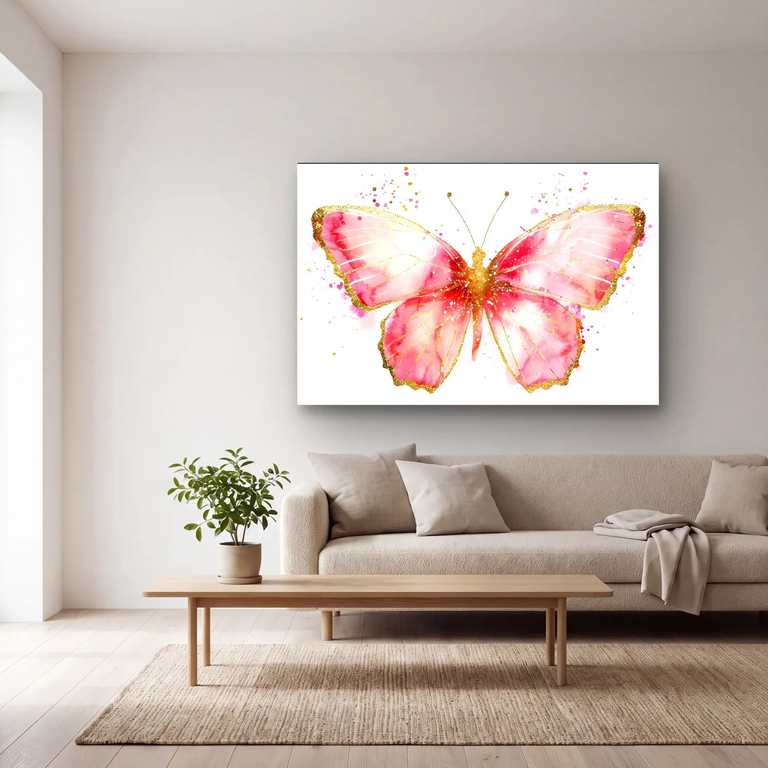 Suluboya Kelebek No. 4 cam tablo — açık renk salonda