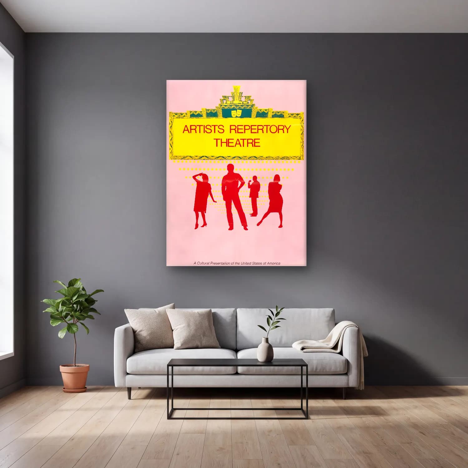 Vintage Poster Kalabalık Cadde – Pembe Tonlar cam tablo — gri duvarlı salonda