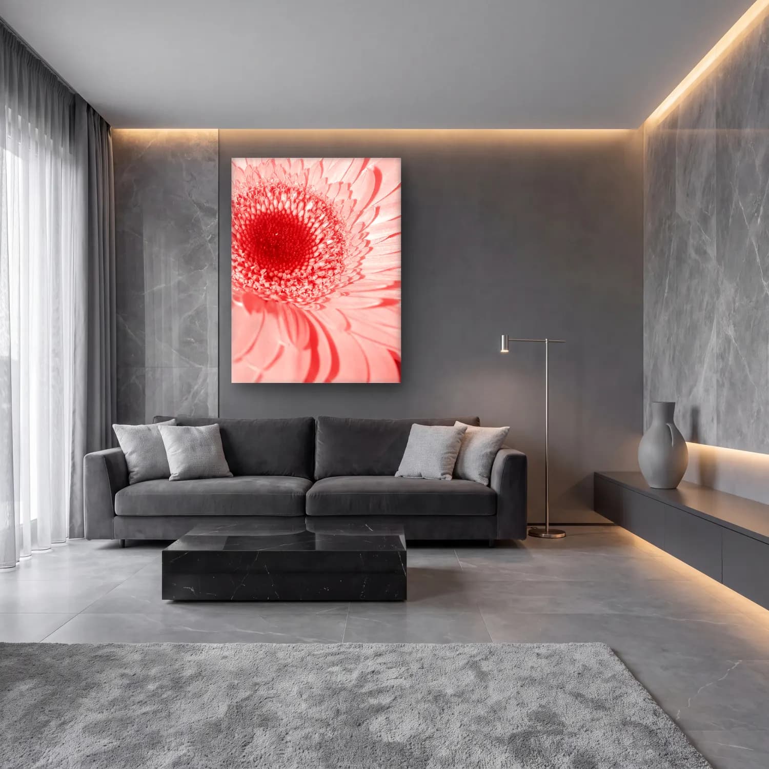 Pastel Çiçek Deseni No. 204 cam tablo — lüks salon duvarında