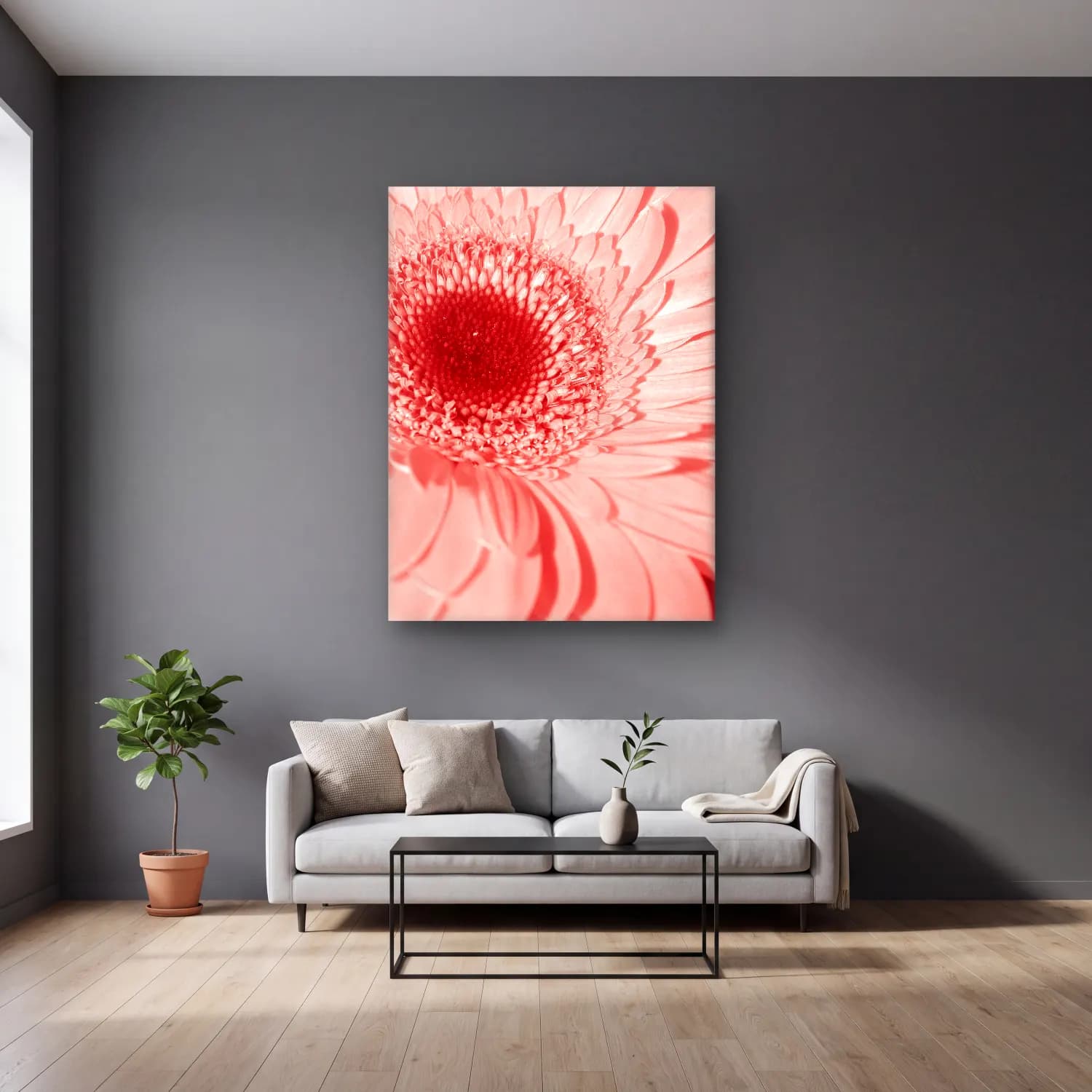 Pastel Çiçek Deseni No. 204 cam tablo — gri duvarlı salonda
