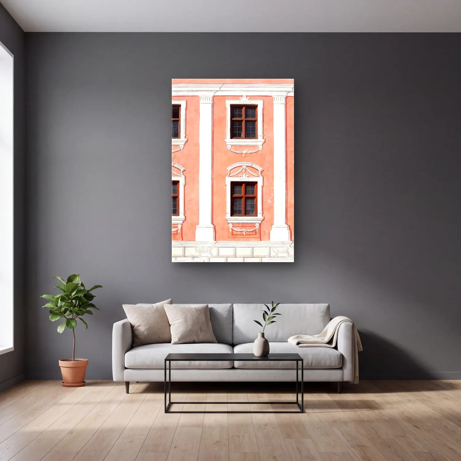 Pastel Pencereden Manzara No. 7 cam tablo — gri duvarlı salonda