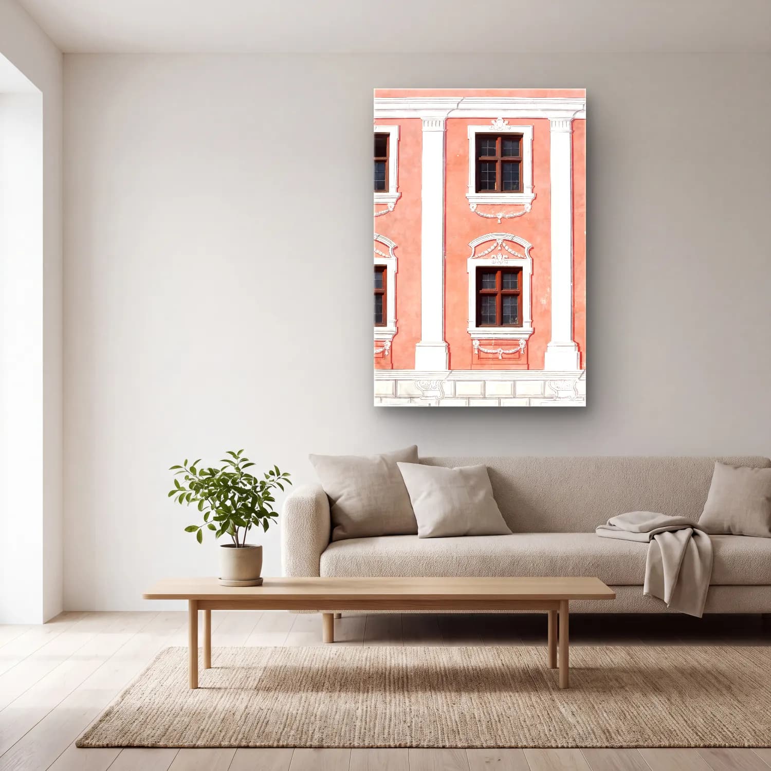 Pastel Pencereden Manzara No. 7 cam tablo — açık renk salonda