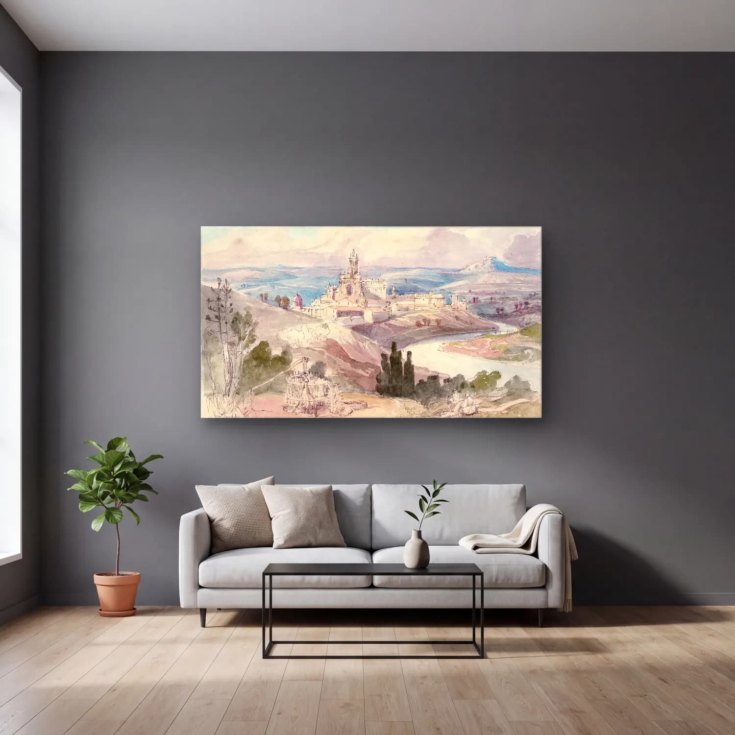 Charles Hamilton Smith – The Monastery of the Cartuja at Xeres cam tablo — gri duvarlı salonda