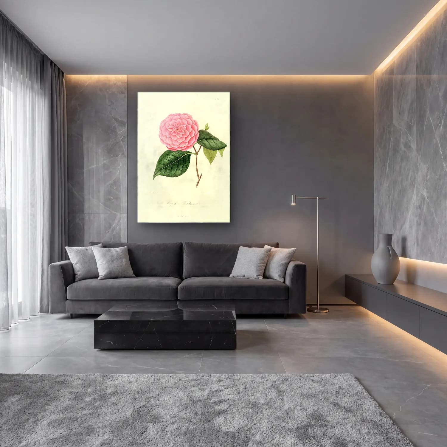 Botanik İllüstrasyon Pembe Şakayıklar No. 13 cam tablo — lüks salon duvarında