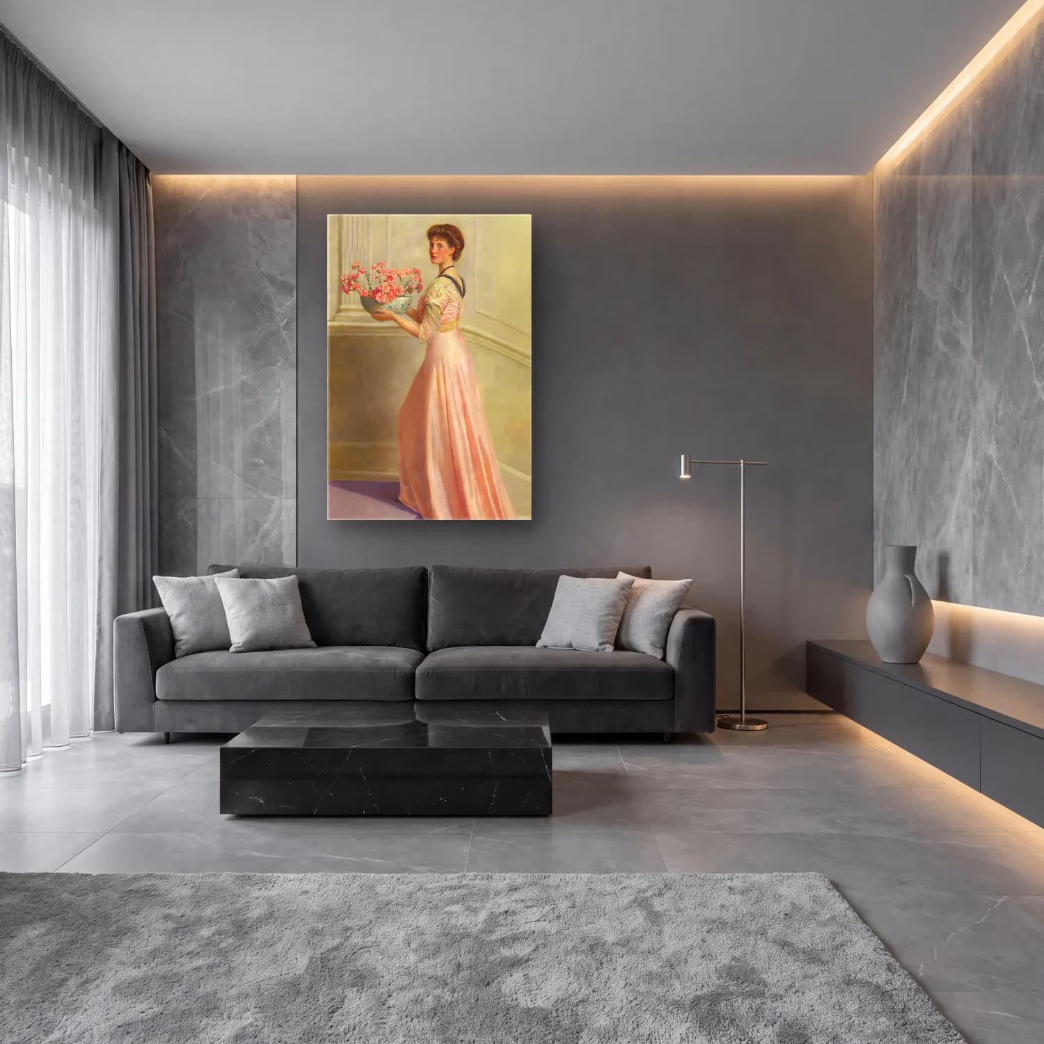 Empresyonist Elbiseli Kadın No. 49 cam tablo — lüks salon duvarında