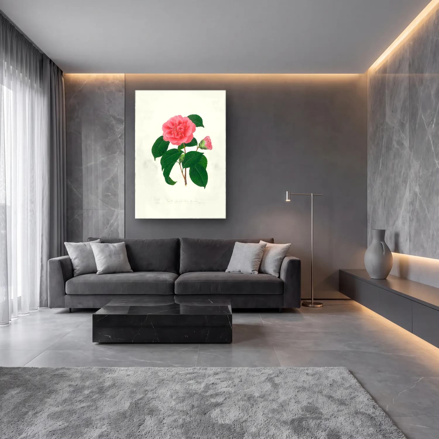 Botanik İllüstrasyon Pembe Şakayıklar No. 14 cam tablo — lüks salon duvarında