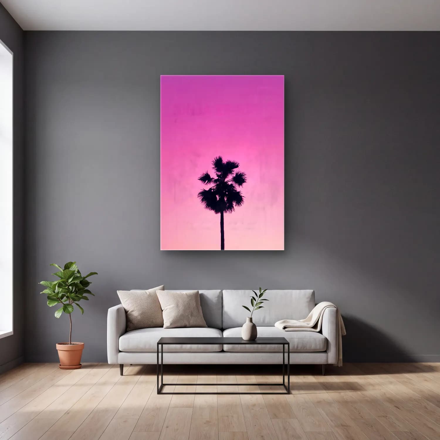 Pastel Palmiyeli Tropik Sahil No. 30 cam tablo — gri duvarlı salonda