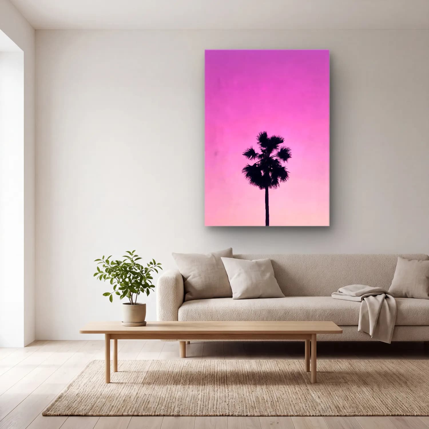 Pastel Palmiyeli Tropik Sahil No. 30 cam tablo — açık renk salonda