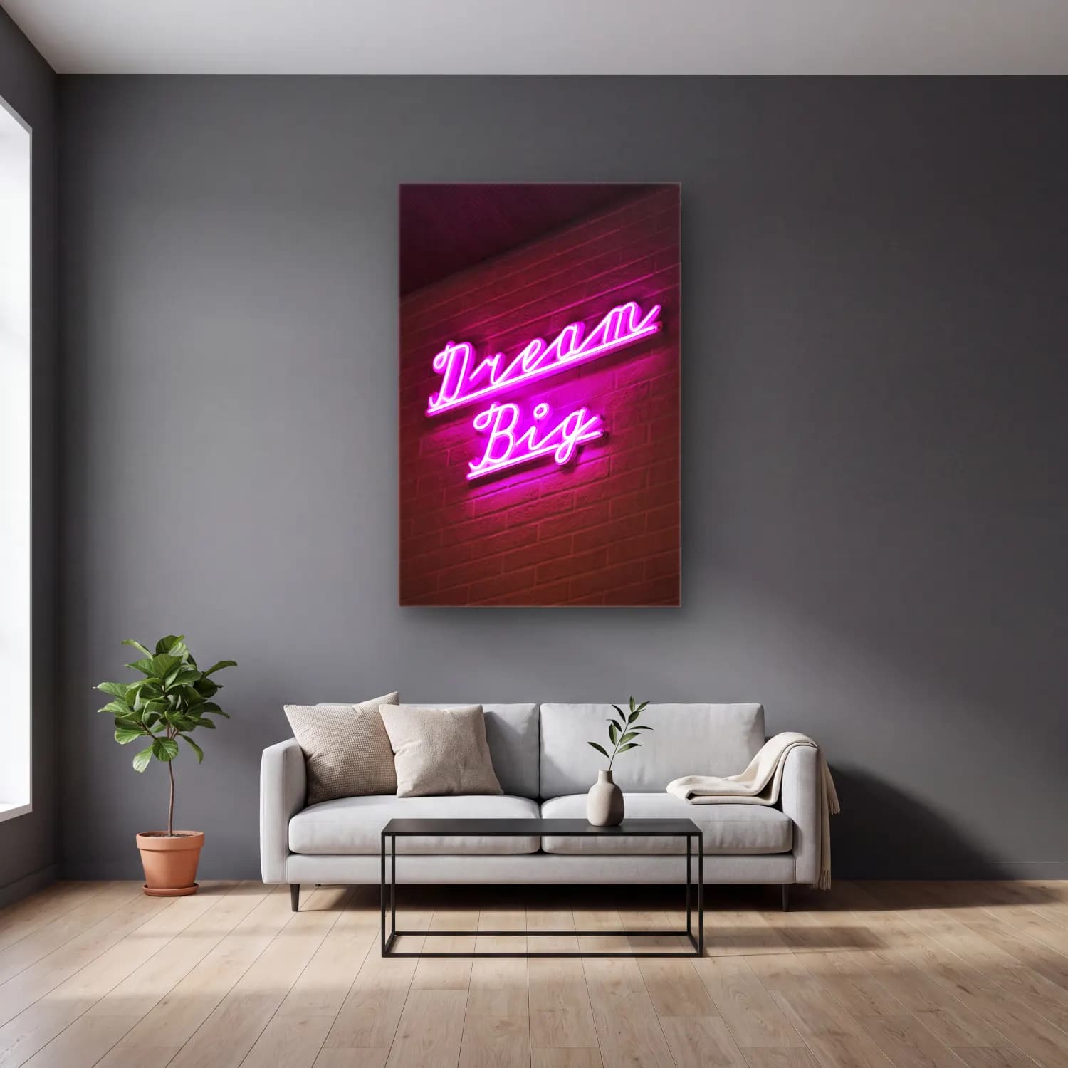 Pastel Yazılı Tasarım No. 64 cam tablo — gri duvarlı salonda