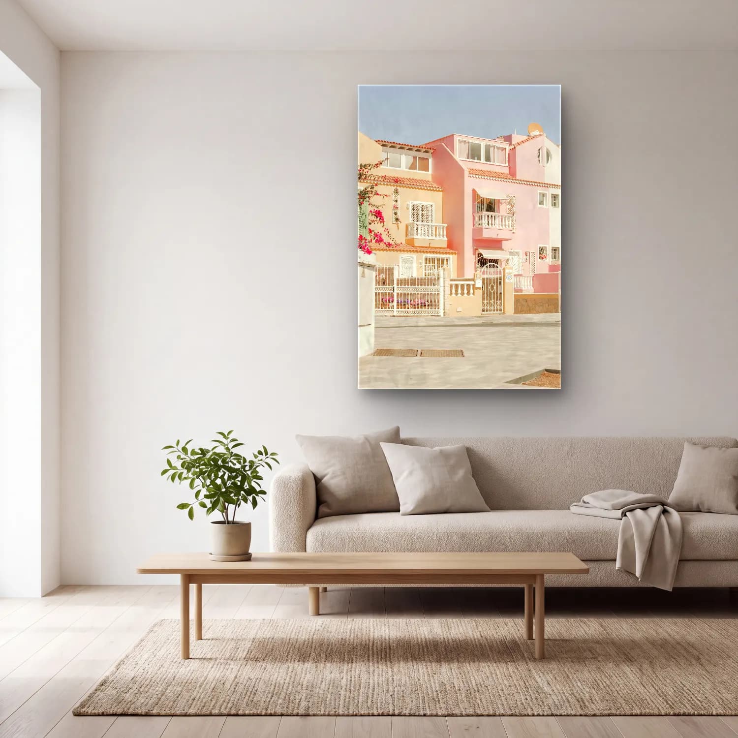 Pastel Köy Sokağı No. 4 cam tablo — açık renk salonda