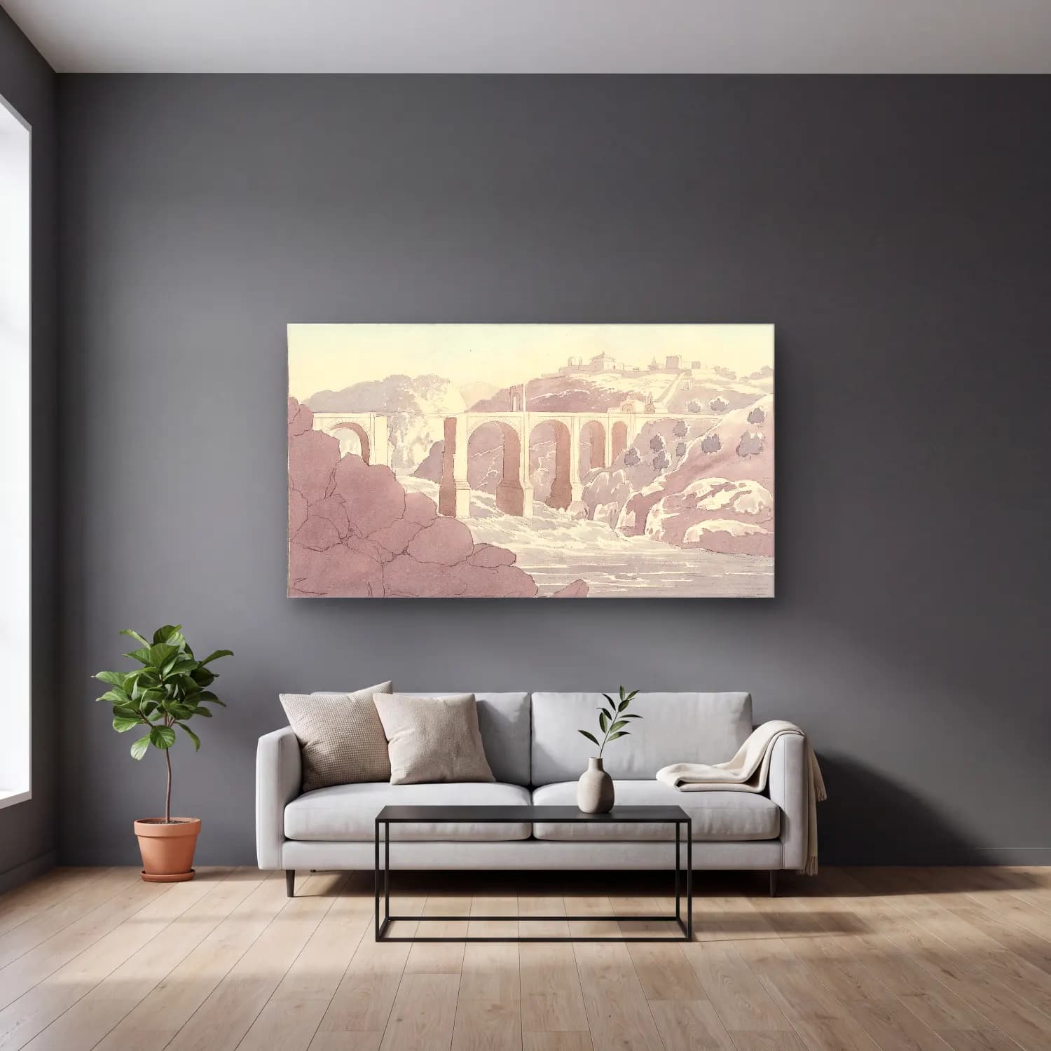 Charles Hamilton Smith – Trajan’s Bridge at Alcantara cam tablo — gri duvarlı salonda