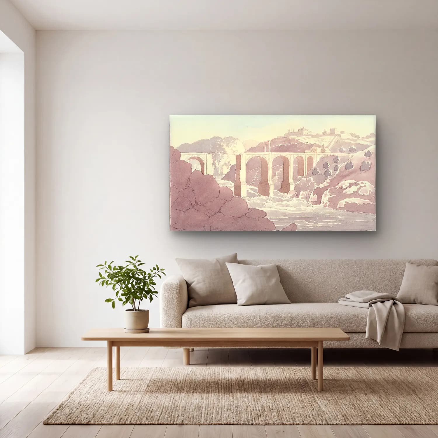 Charles Hamilton Smith – Trajan’s Bridge at Alcantara cam tablo — açık renk salonda