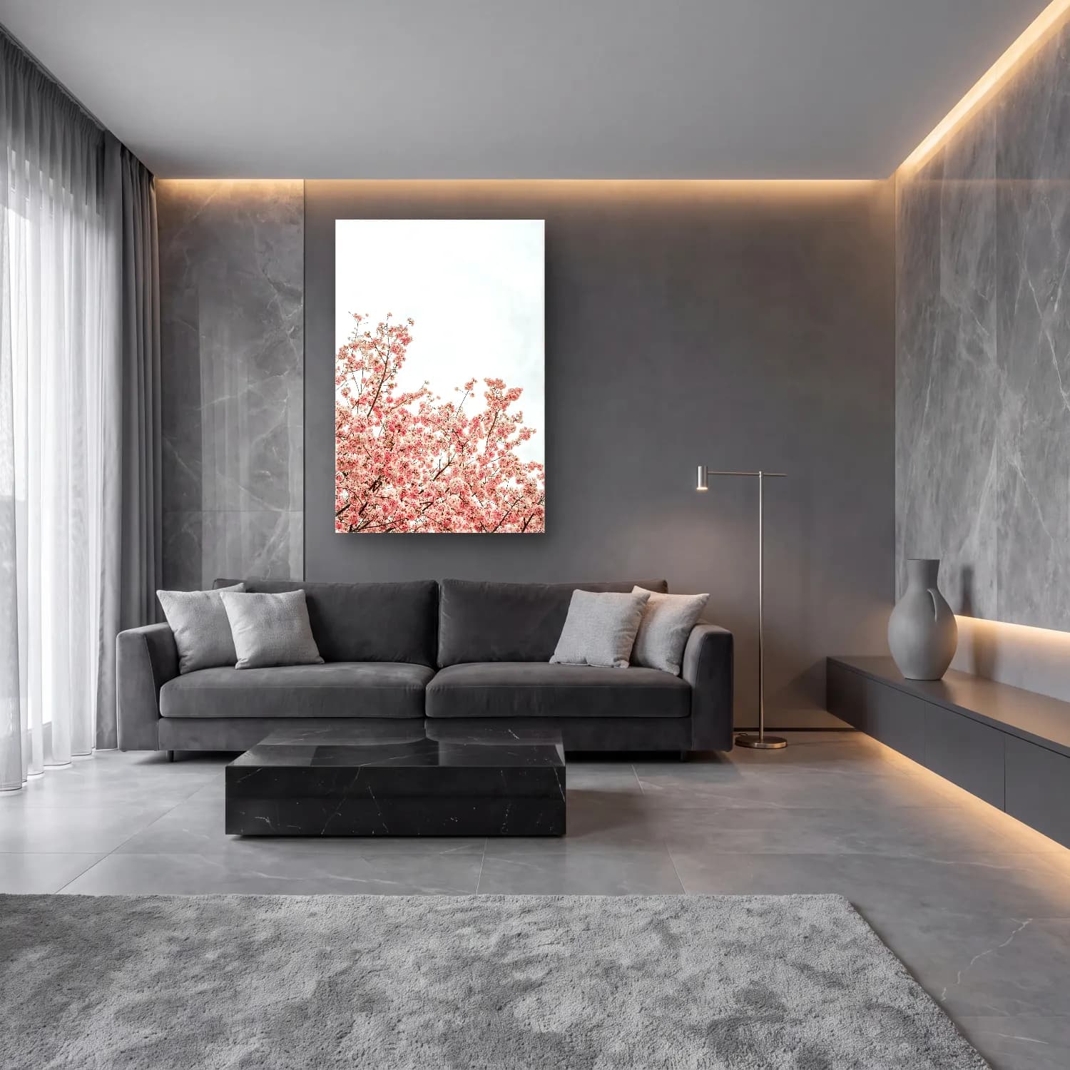 Pastel Kiraz Çiçekleri No. 18 cam tablo — lüks salon duvarında