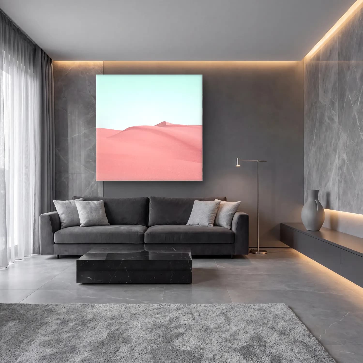Pastel Çöl Kumulları No. 5 cam tablo — lüks salon duvarında