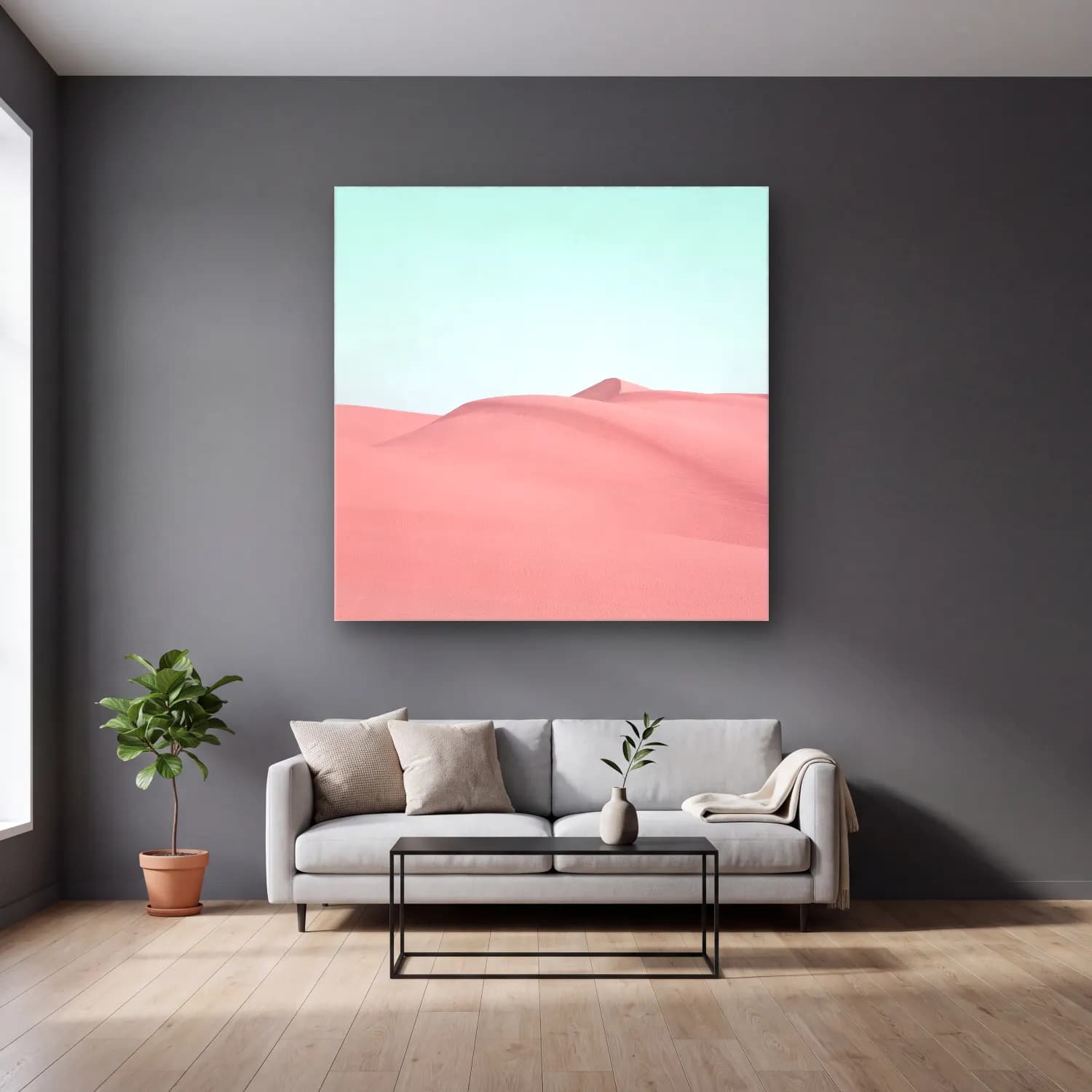 Pastel Çöl Kumulları No. 5 cam tablo — gri duvarlı salonda