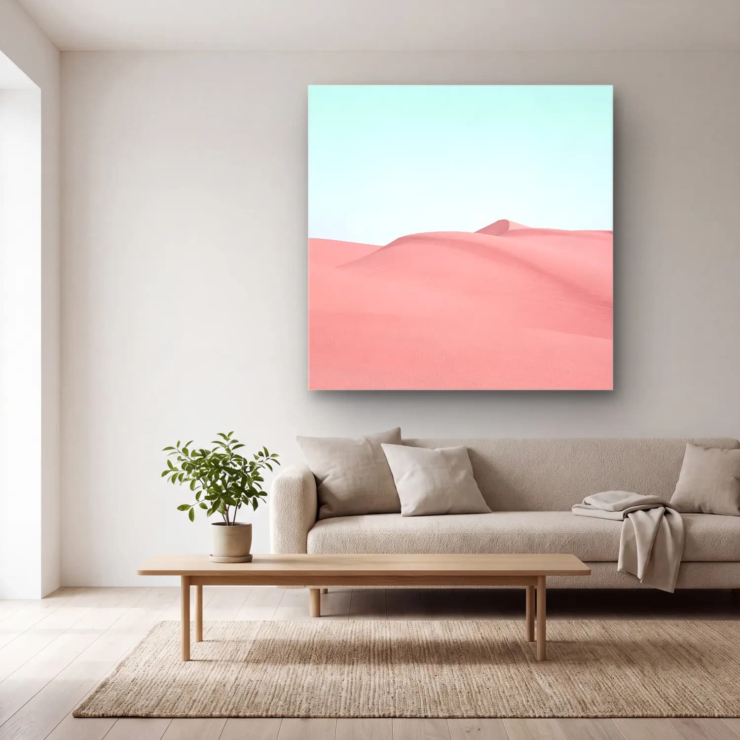 Pastel Çöl Kumulları No. 5 cam tablo — açık renk salonda