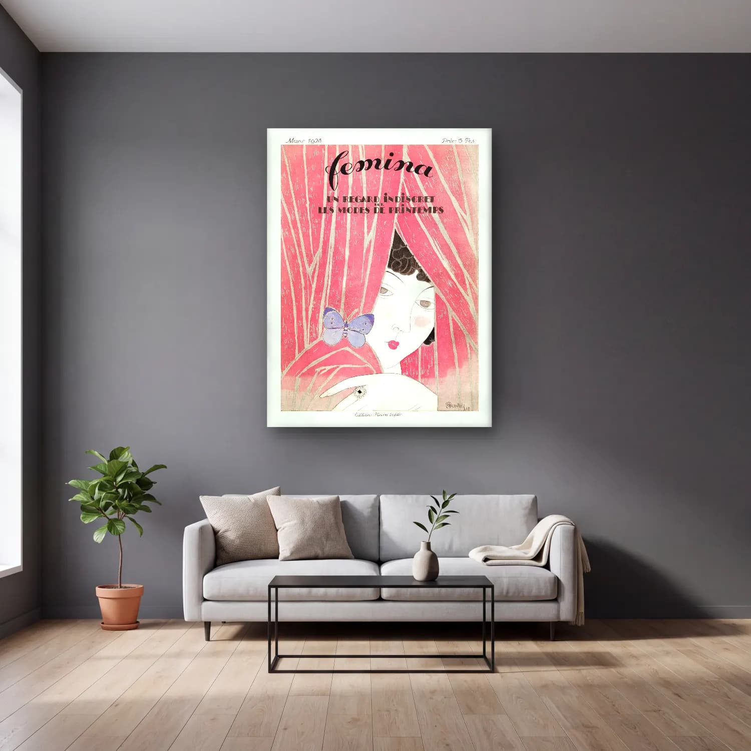 Vintage Poster Elbiseli Kadın No. 35 cam tablo — gri duvarlı salonda