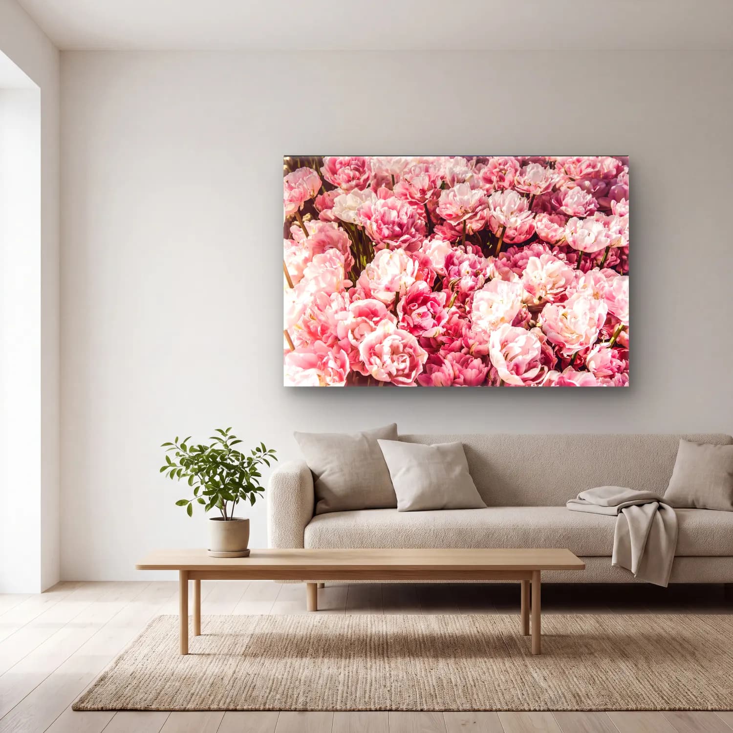 Pastel Pembe Şakayıklar No. 11 cam tablo — açık renk salonda