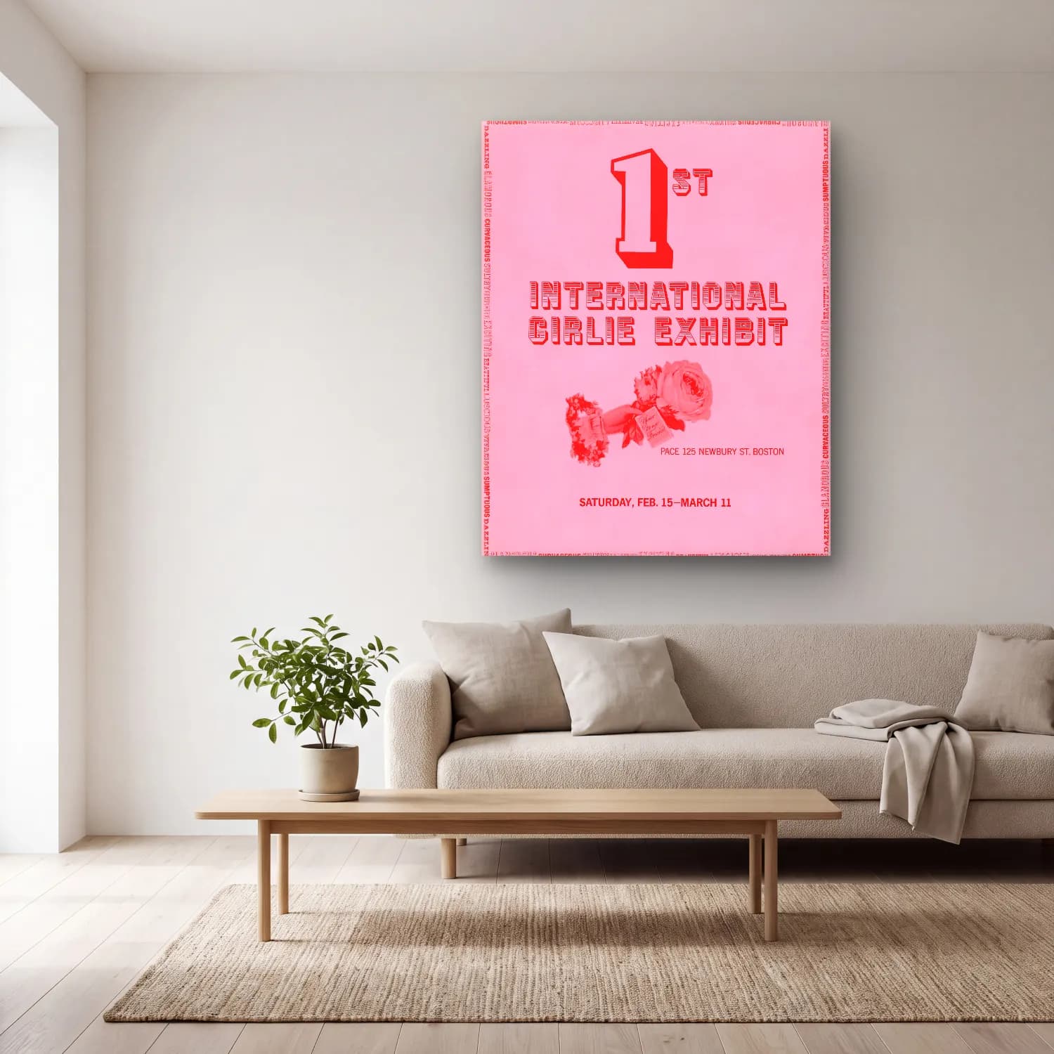 Vintage Poster Yazılı Tasarım No. 28 cam tablo — açık renk salonda