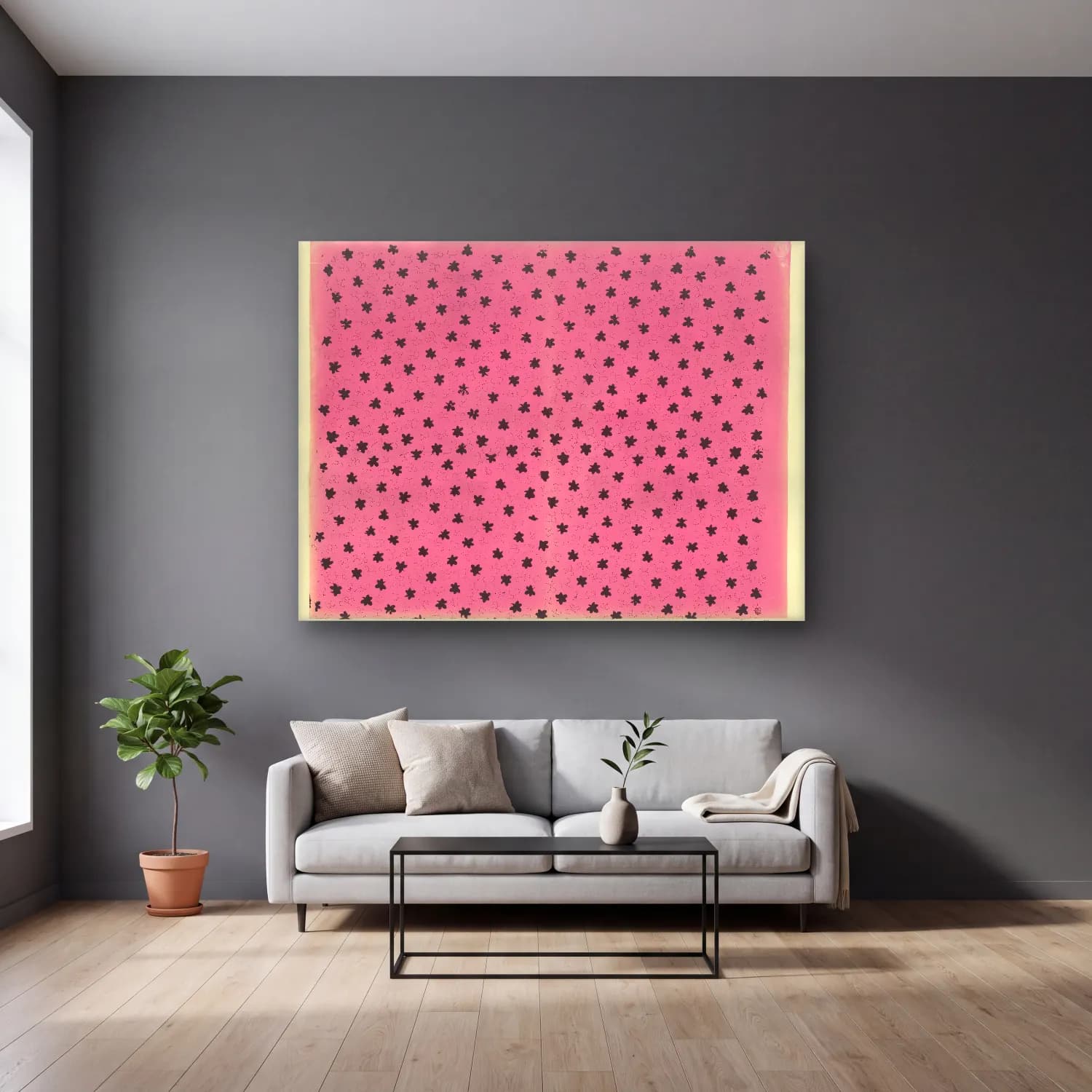 Siyah Beyaz Çiçek Deseni – Pembe Tonlar cam tablo — gri duvarlı salonda