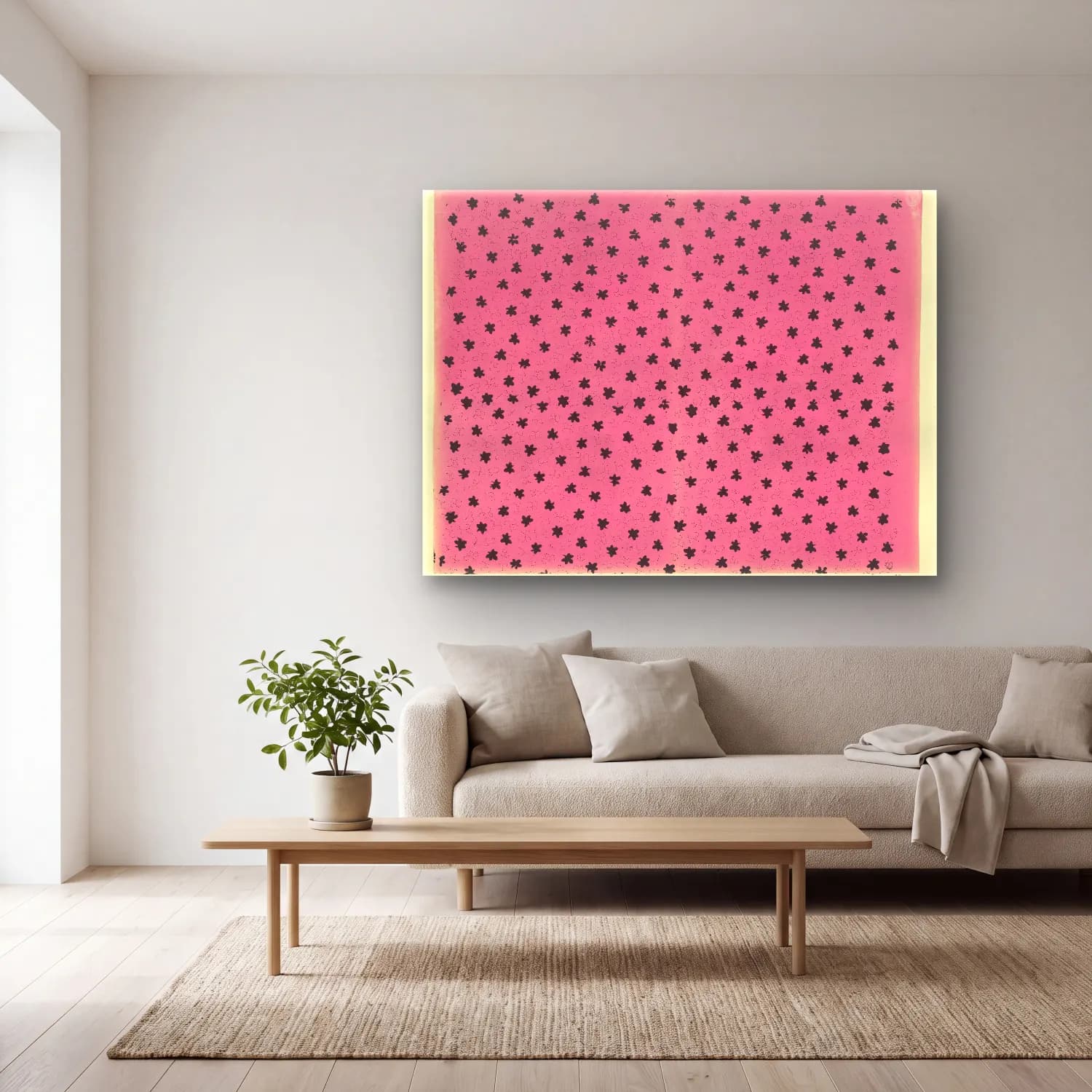 Siyah Beyaz Çiçek Deseni – Pembe Tonlar cam tablo — açık renk salonda