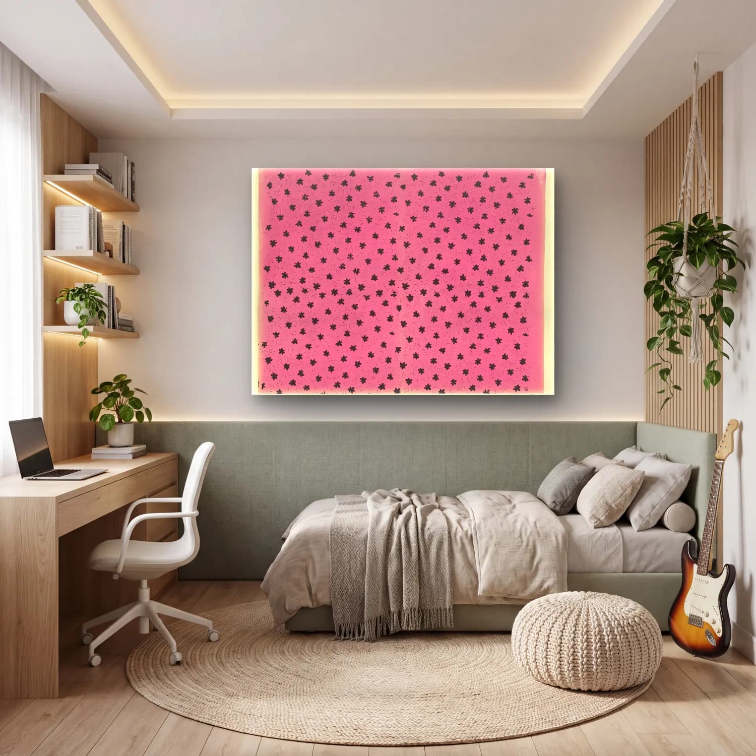 Siyah Beyaz Çiçek Deseni – Pembe Tonlar cam tablo — genç odasında