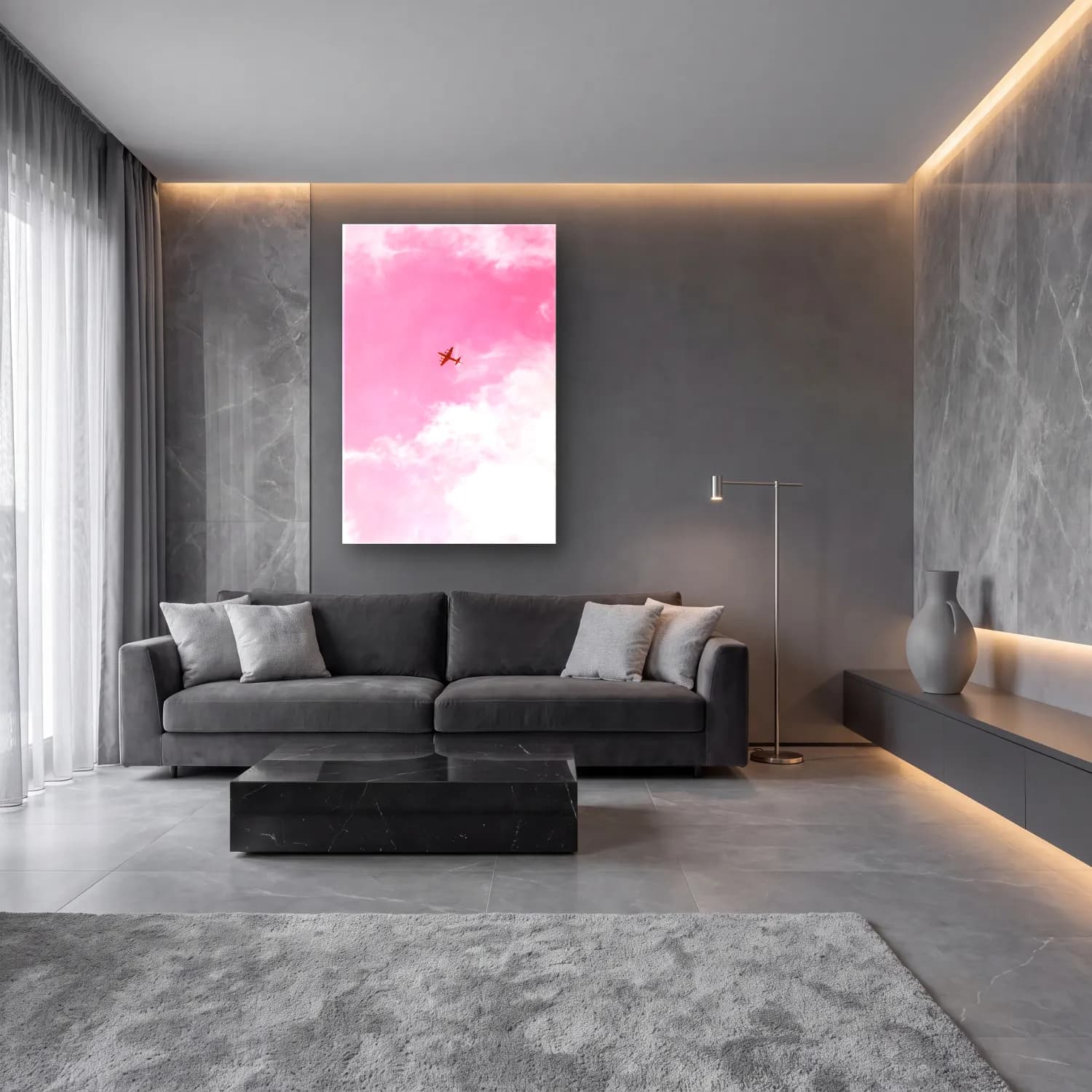 Pastel Uçak – Pembe Tonlar cam tablo — lüks salon duvarında
